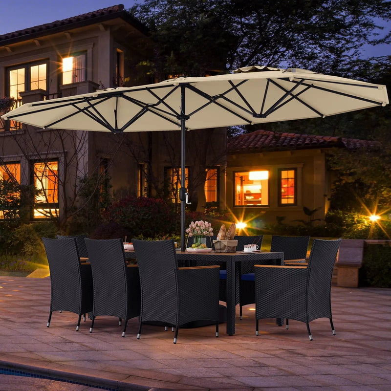 10 Piece Outdoor Patio Dining Set with 15 Feet Double-Sided Twin Umbrella by DirectDeals