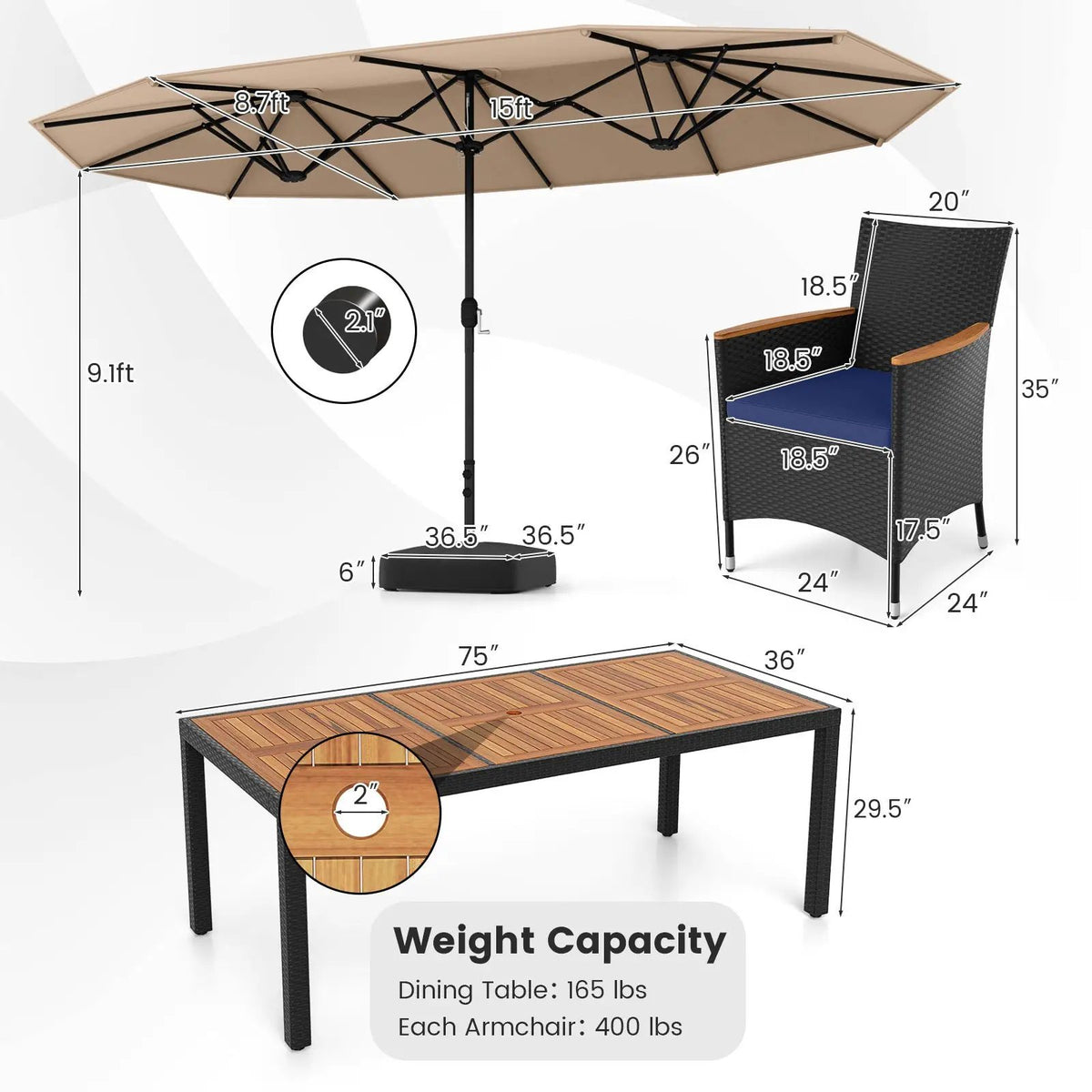 10 Piece Outdoor Patio Dining Set with 15 Feet Double-Sided Twin Umbrella by DirectDeals
