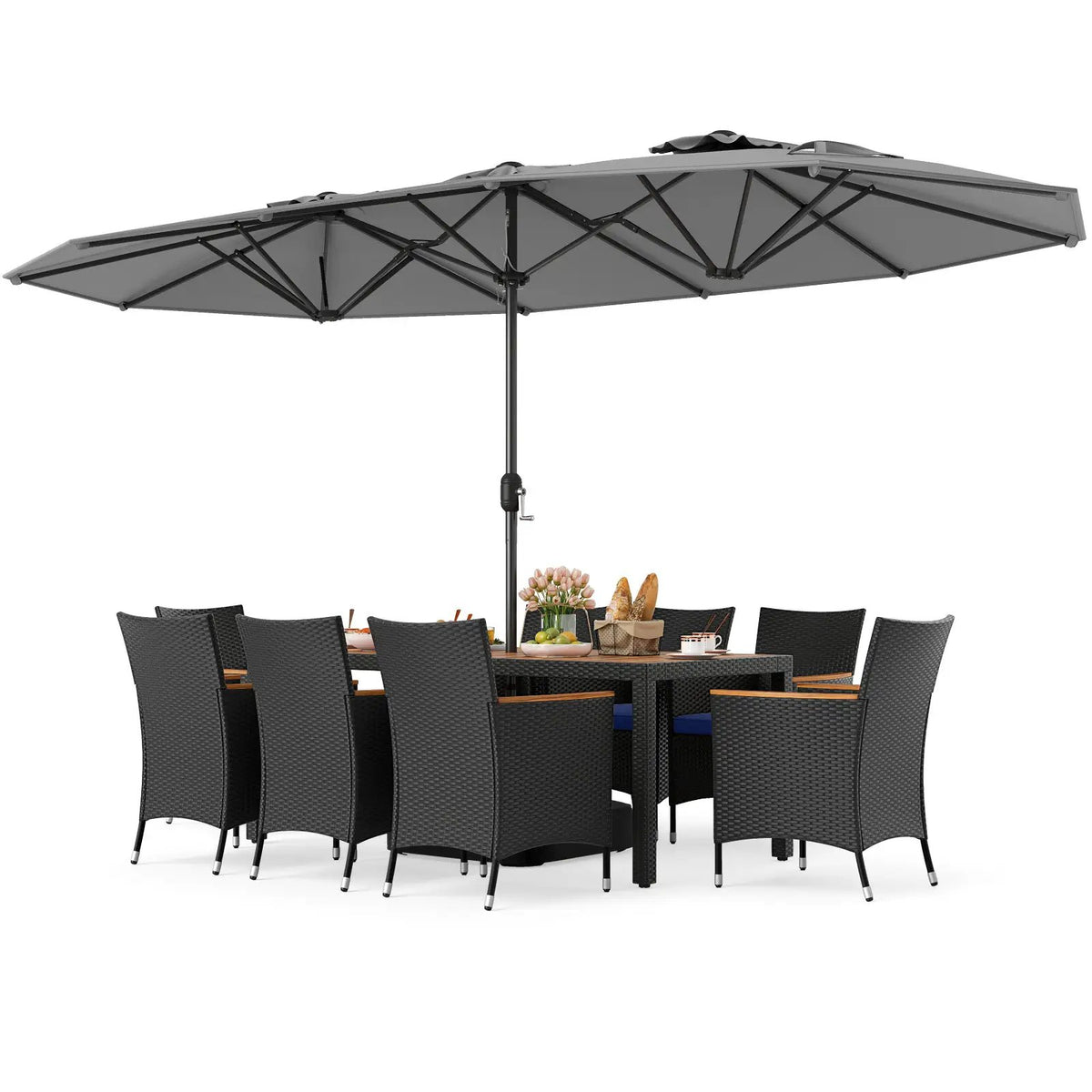 10 Piece Outdoor Patio Dining Set with 15 Feet Double-Sided Twin Umbrella by DirectDeals