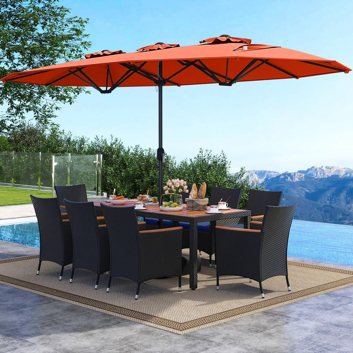 10 Piece Outdoor Patio Dining Set with 15 Feet Double-Sided Twin Umbrella by DirectDeals