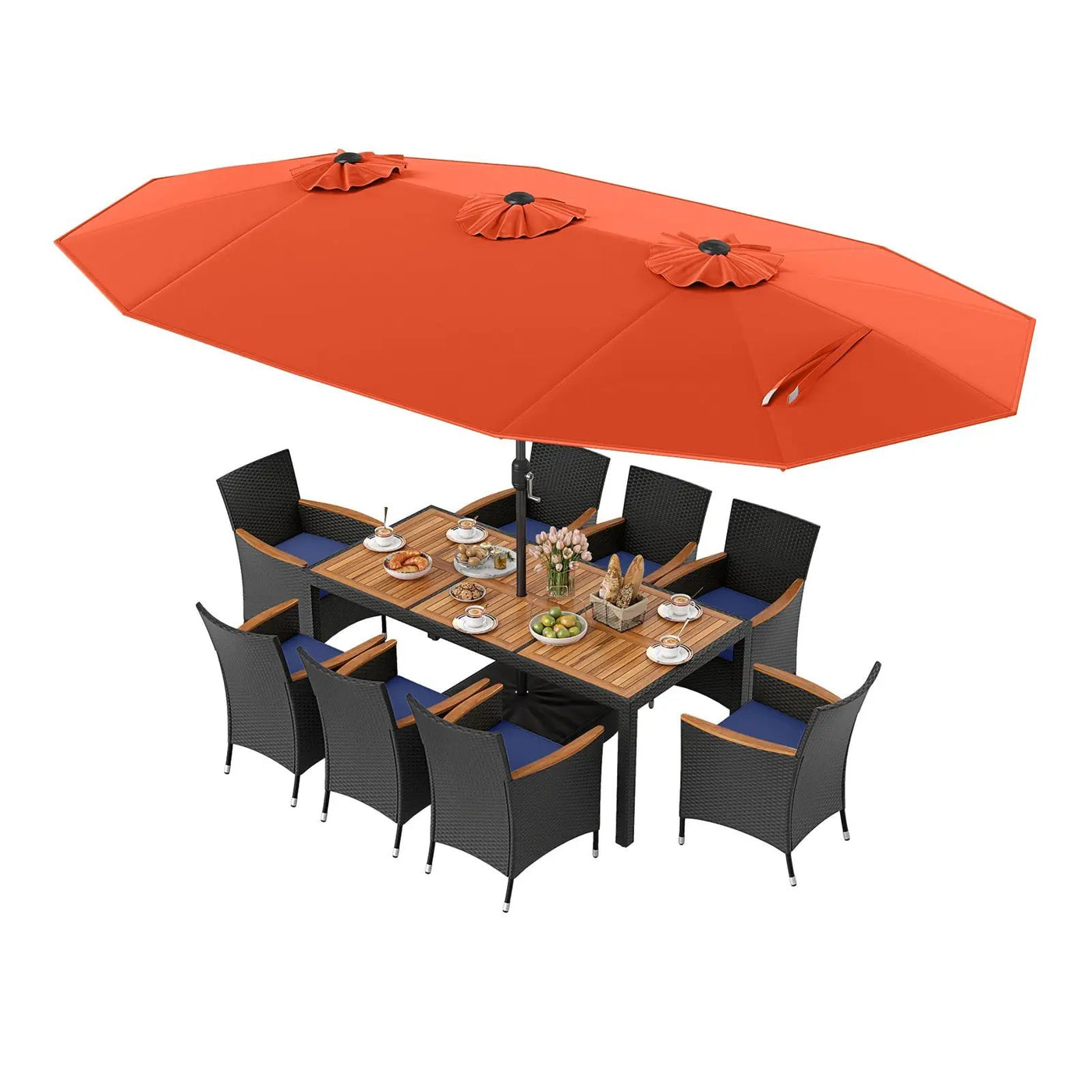 10 Piece Outdoor Patio Dining Set with 15 Feet Double-Sided Twin Umbrella by DirectDeals