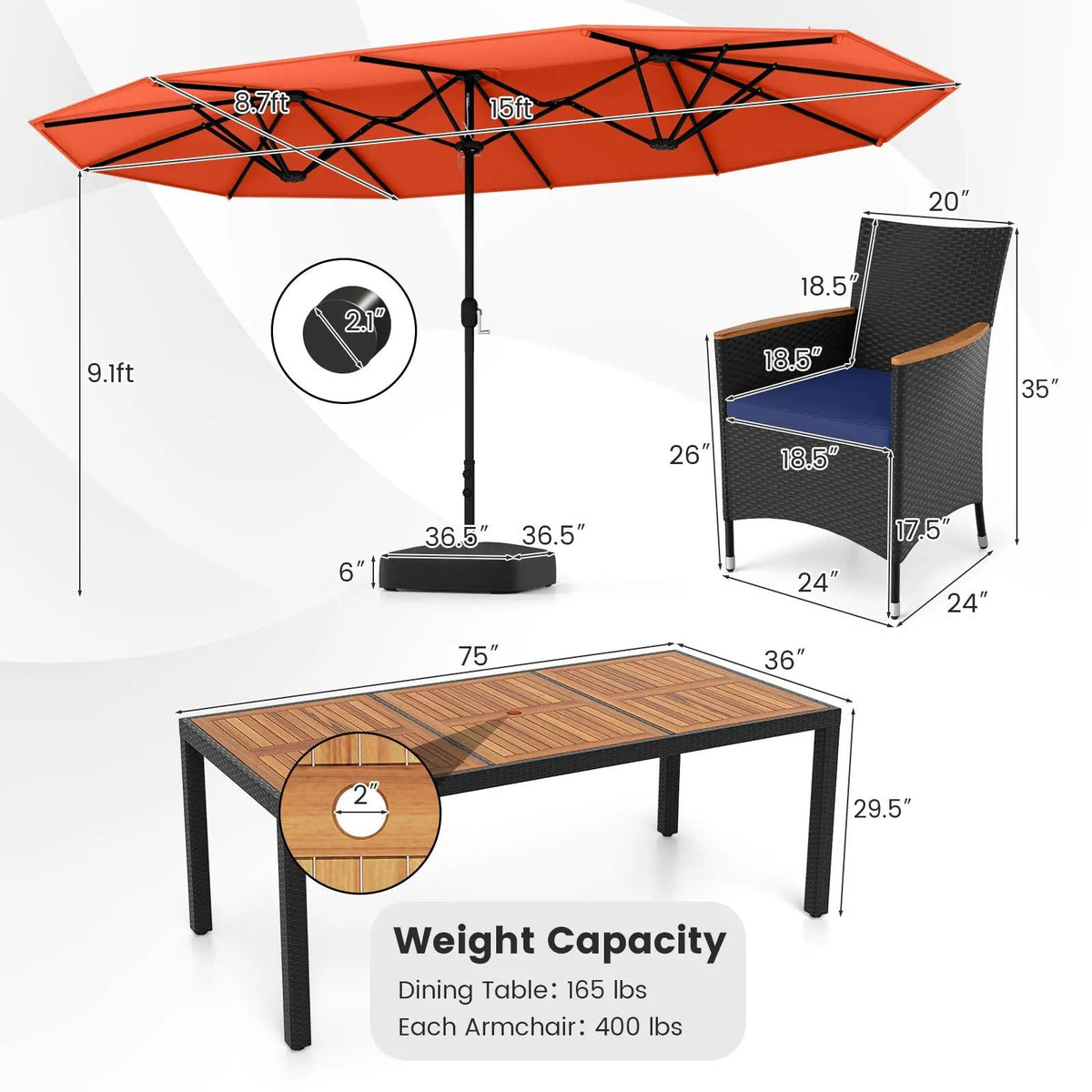 10 Piece Outdoor Patio Dining Set with 15 Feet Double-Sided Twin Umbrella by DirectDeals
