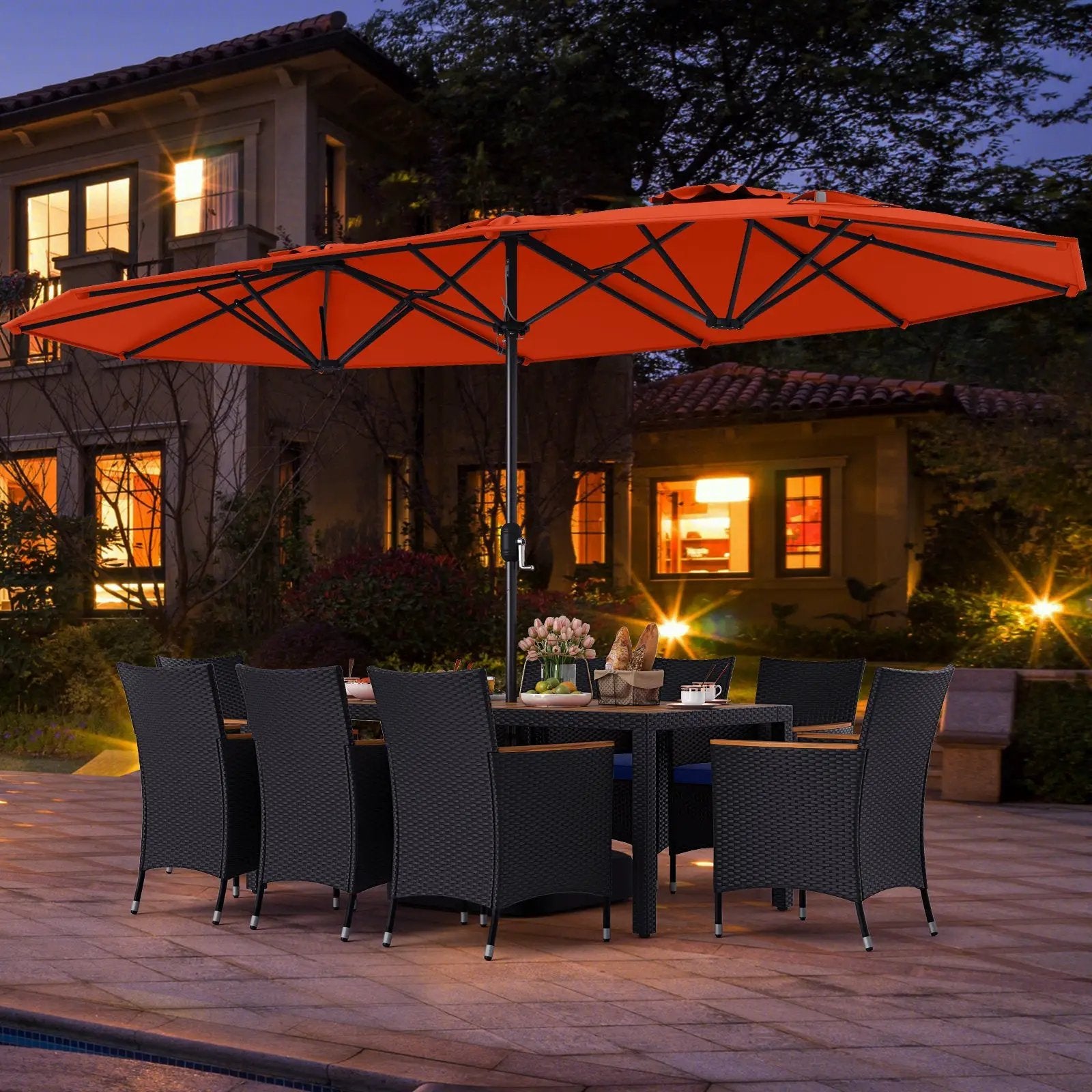 10 Piece Outdoor Patio Dining Set with 15 Feet Double-Sided Twin Umbrella by DirectDeals