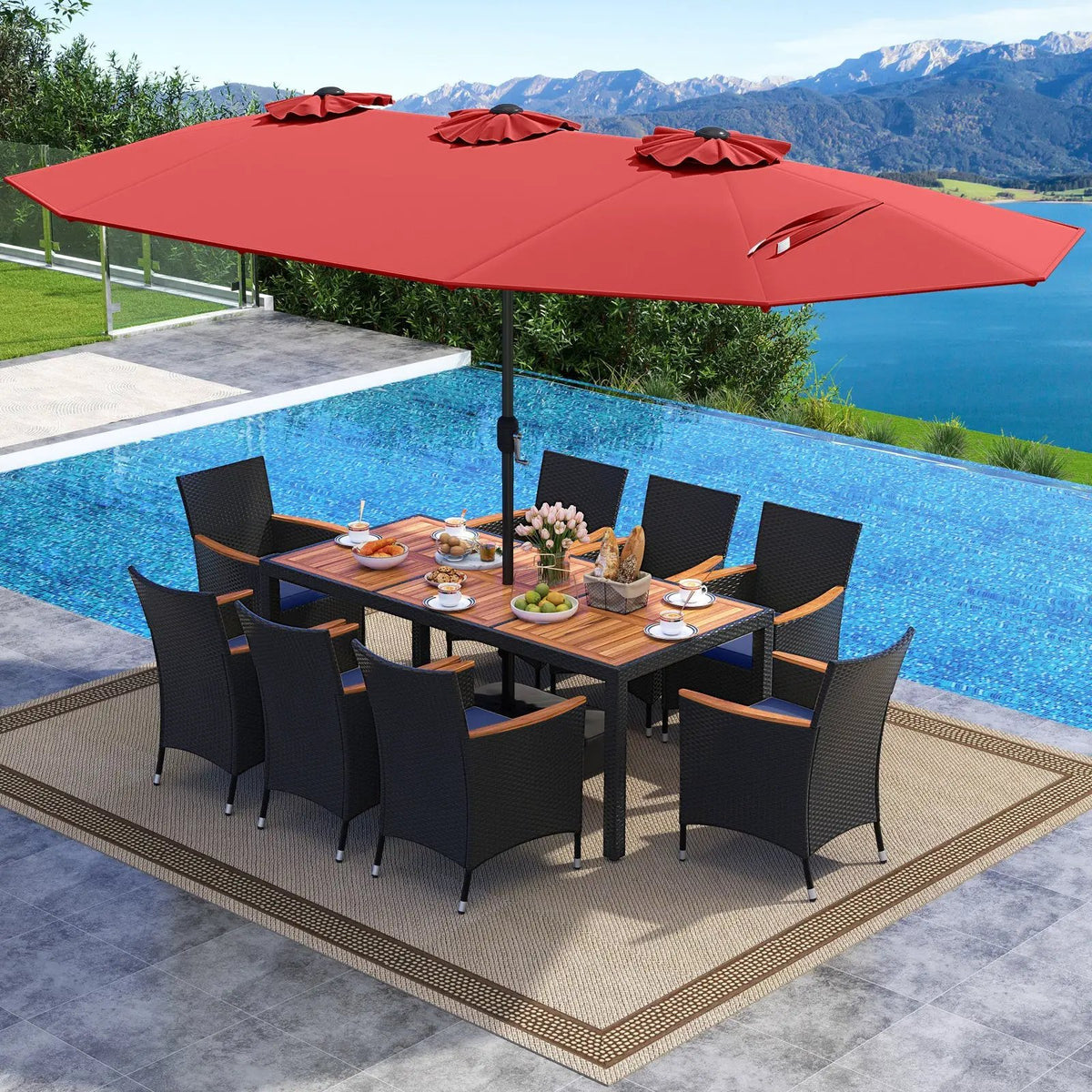 10 Piece Outdoor Patio Dining Set with 15 Feet Double-Sided Twin Umbrella by DirectDeals