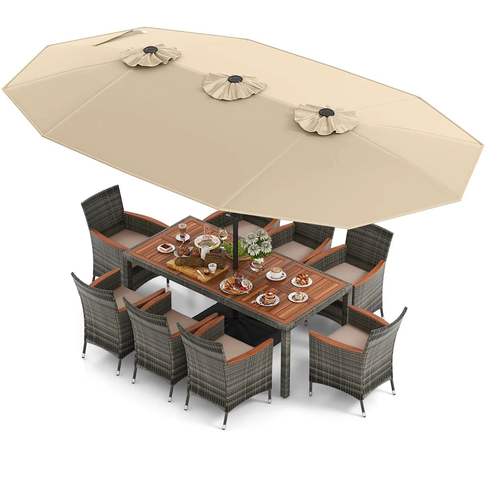 10 Pieces Patio Wicker Dining Set with 15 Feet Double-Sided Patio Umbrella by DirectDeals