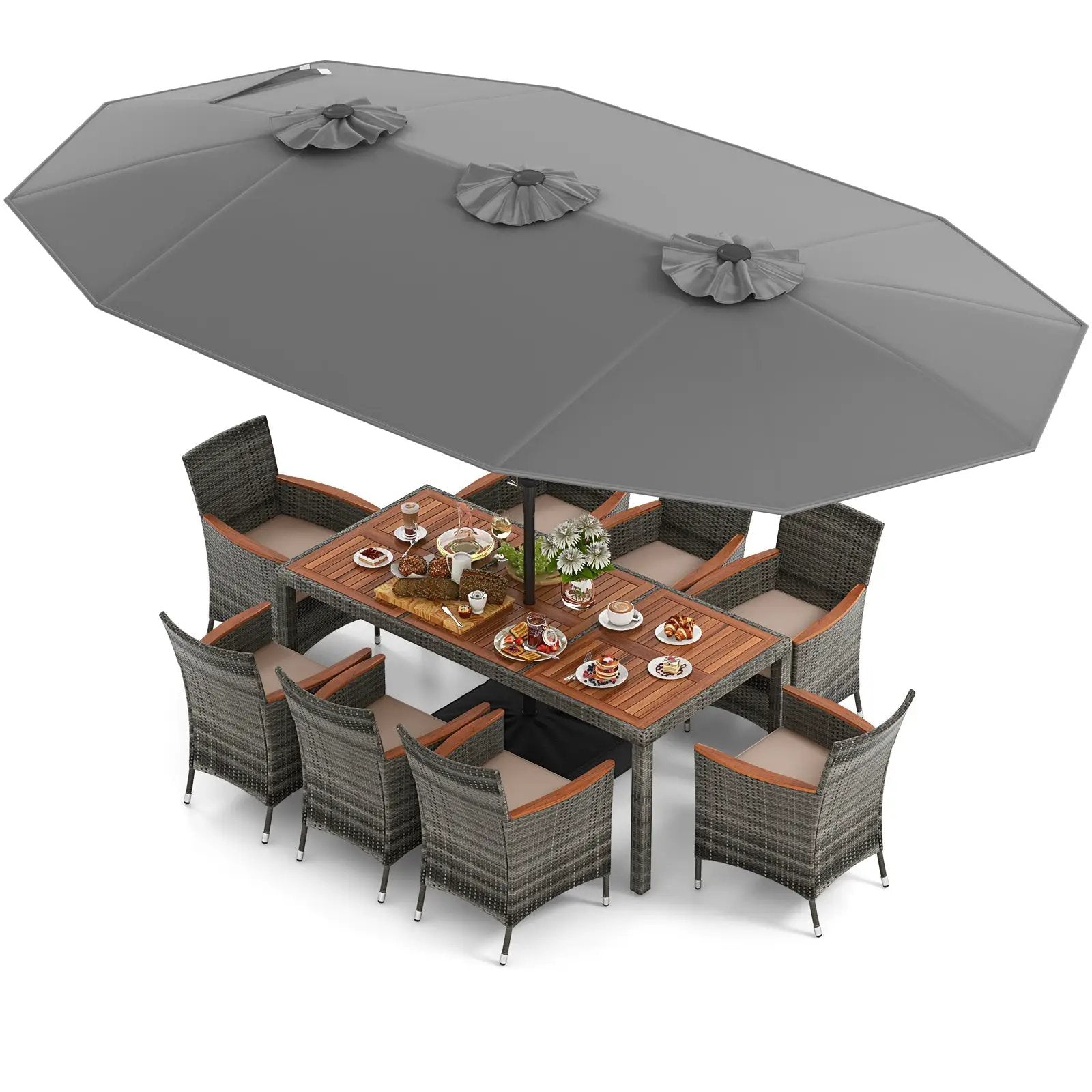 10 Pieces Patio Wicker Dining Set with 15 Feet Double-Sided Patio Umbrella by DirectDeals