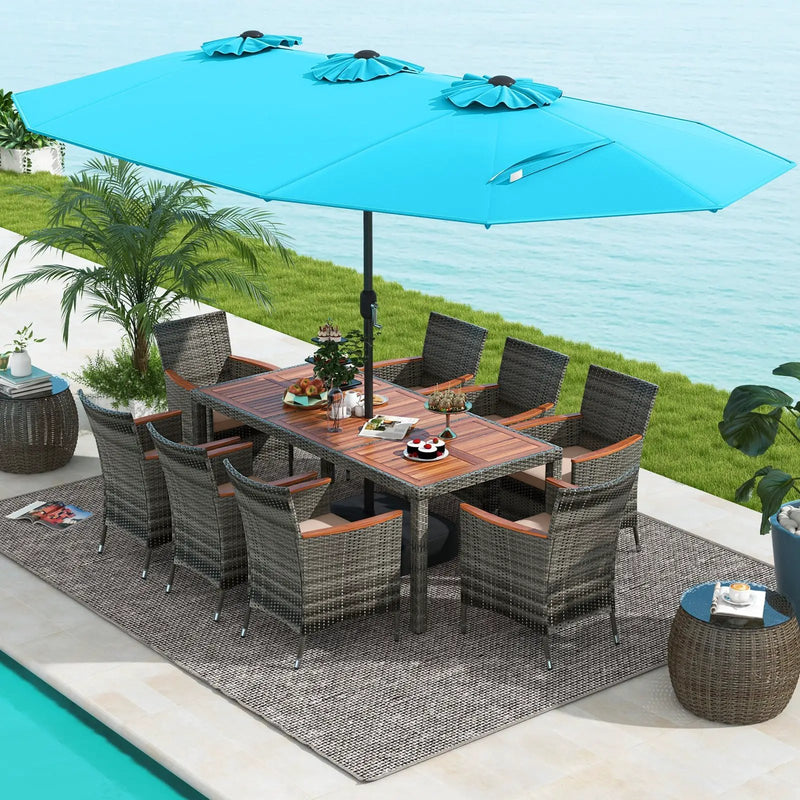 10 Pieces Patio Wicker Dining Set with 15 Feet Double-Sided Patio Umbrella by DirectDeals