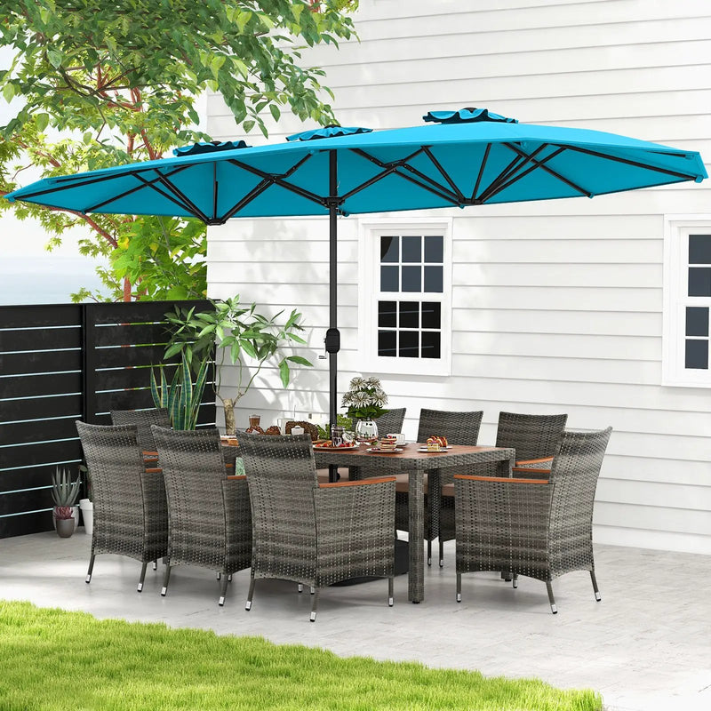 10 Pieces Patio Wicker Dining Set with 15 Feet Double-Sided Patio Umbrella by DirectDeals