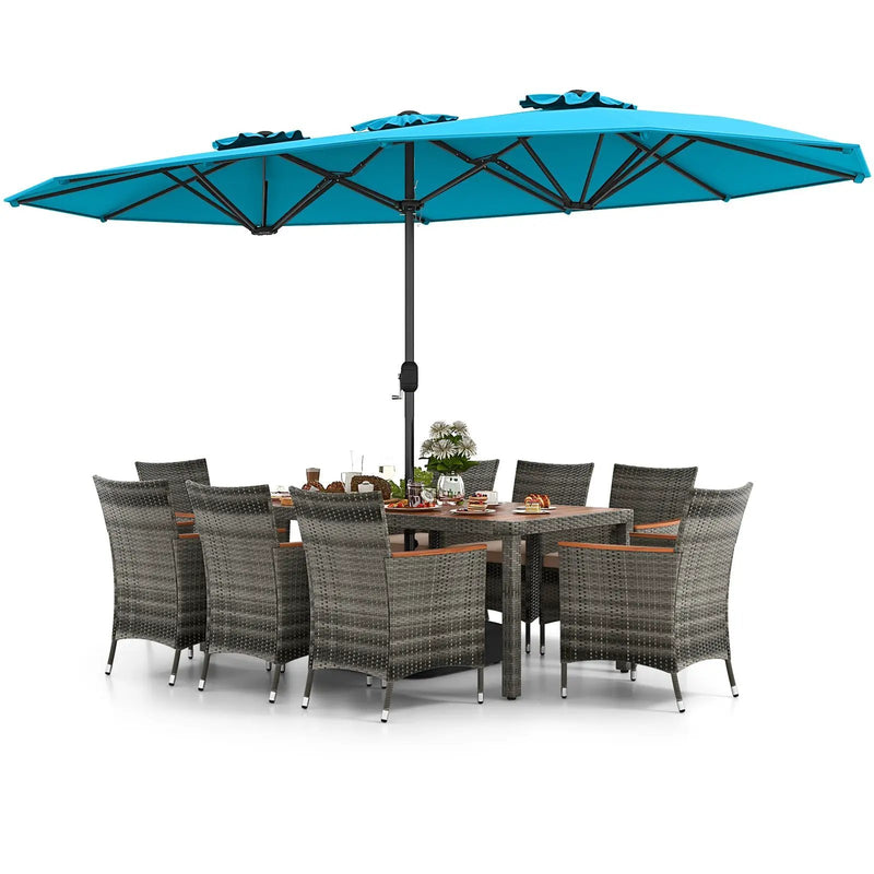 10 Pieces Patio Wicker Dining Set with 15 Feet Double-Sided Patio Umbrella by DirectDeals