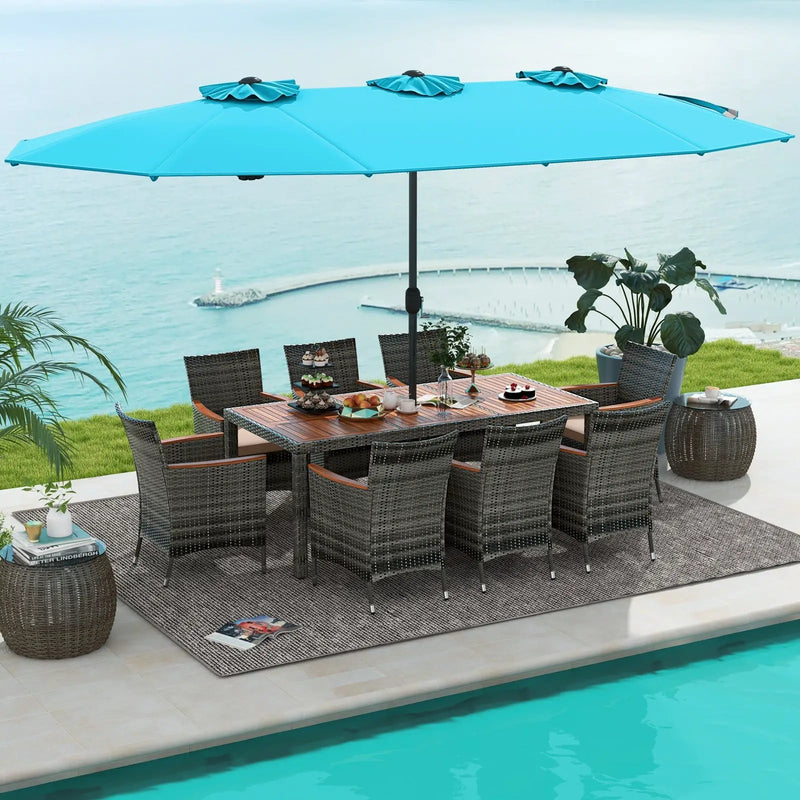 10 Pieces Patio Wicker Dining Set with 15 Feet Double-Sided Patio Umbrella by DirectDeals