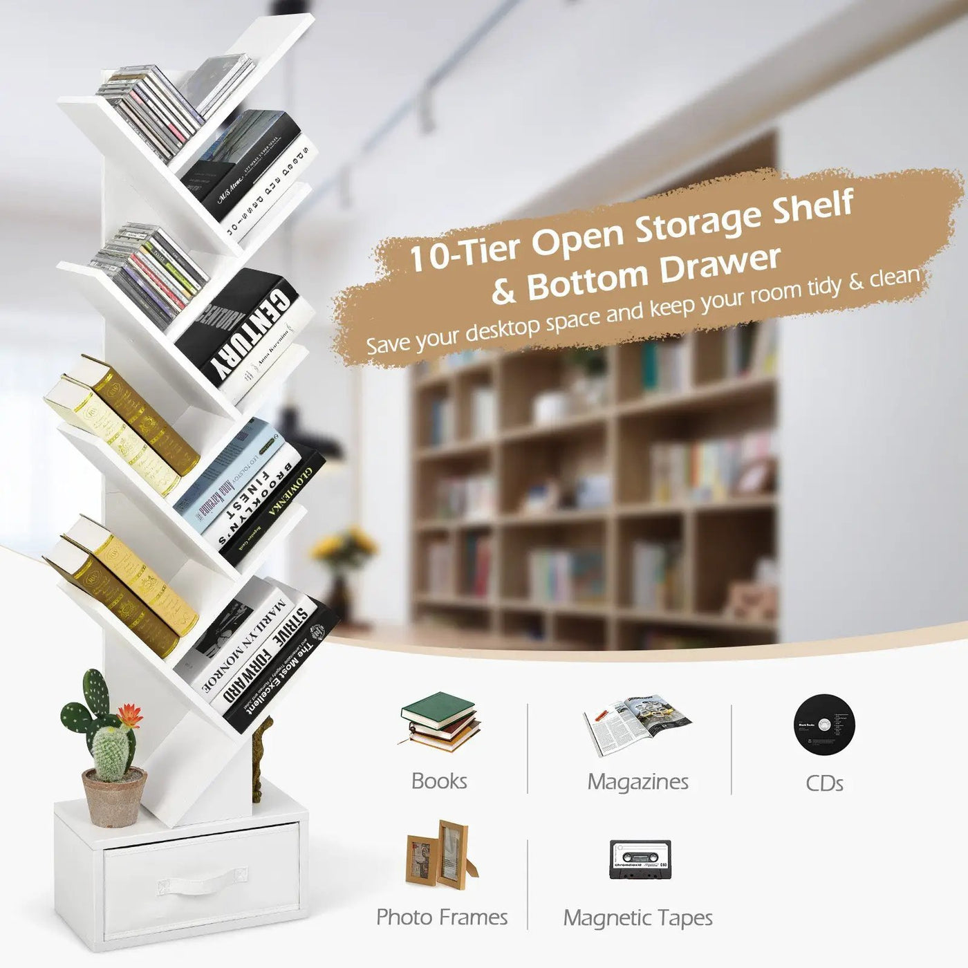 10-tier Tree Bookshelf with Drawer Free by DirectDeals