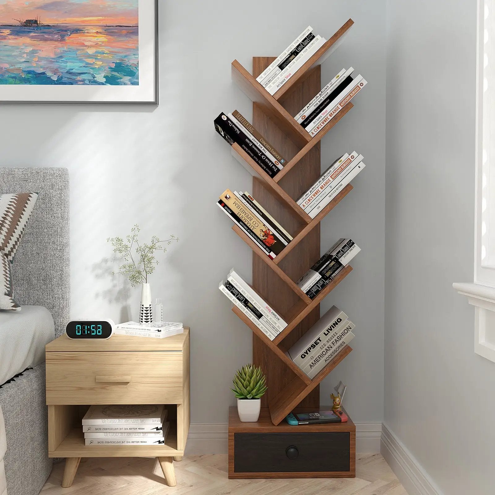 10-Tier Tree Bookshelf with Drawer and Anti-Tipping Kit by DirectDeals