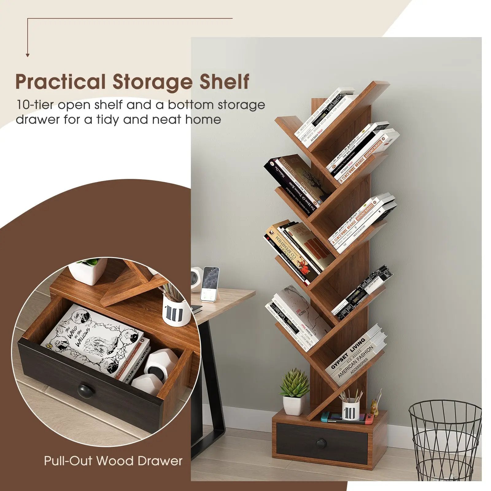 10-Tier Tree Bookshelf with Drawer and Anti-Tipping Kit by DirectDeals