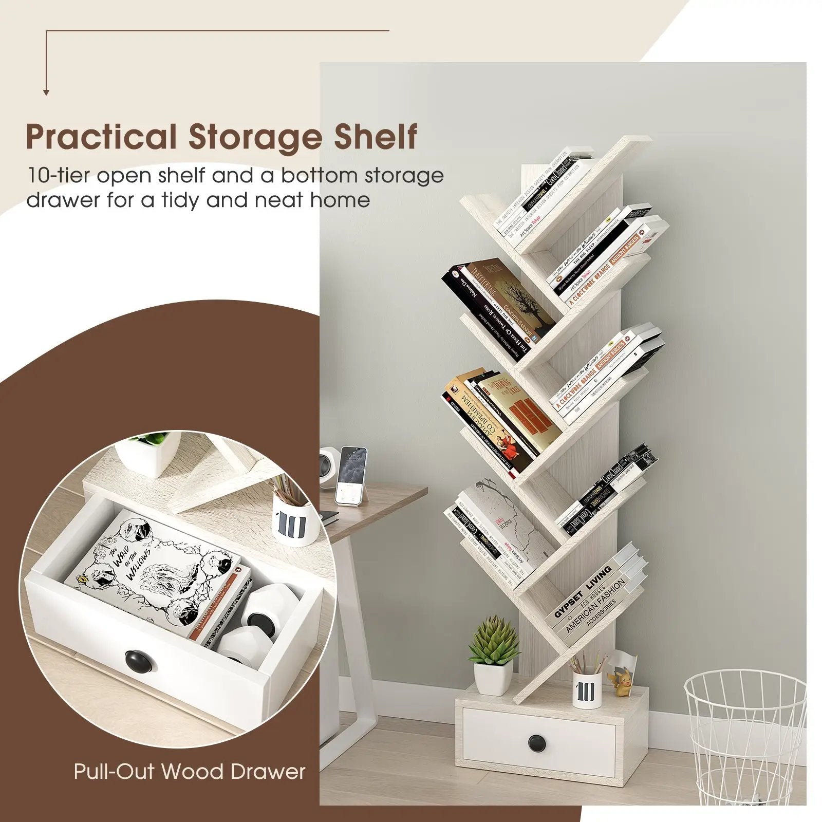 10-Tier Tree Bookshelf with Drawer and Anti-Tipping Kit by DirectDeals