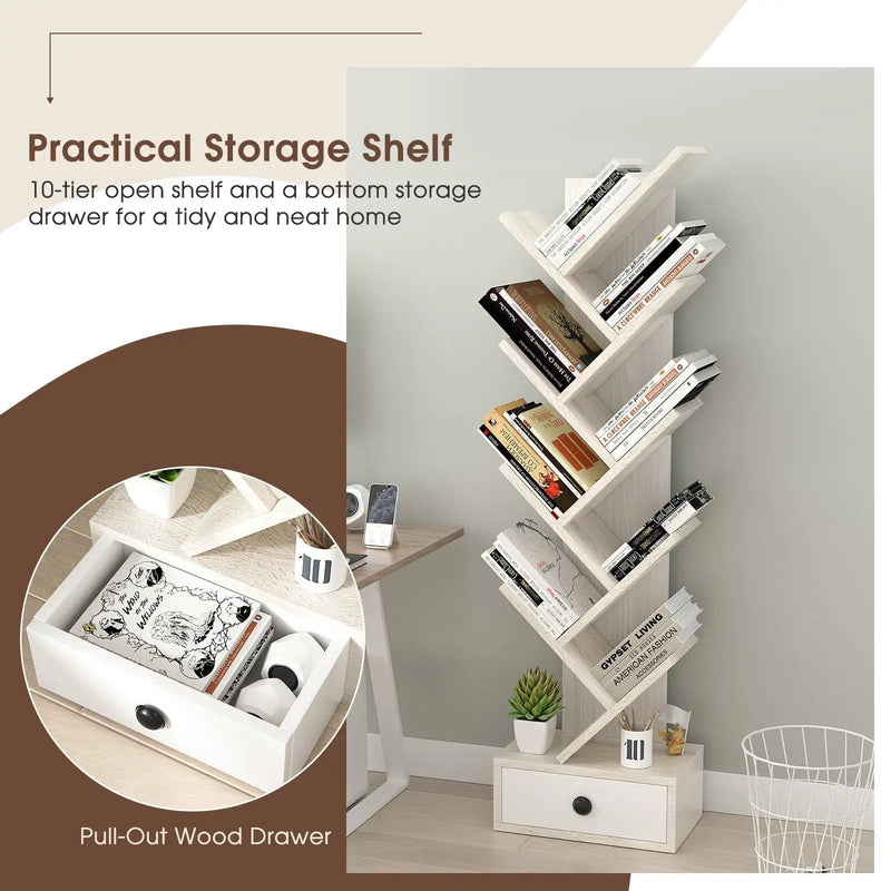 10-Tier Tree Bookshelf with Drawer and Anti-Tipping Kit by DirectDeals