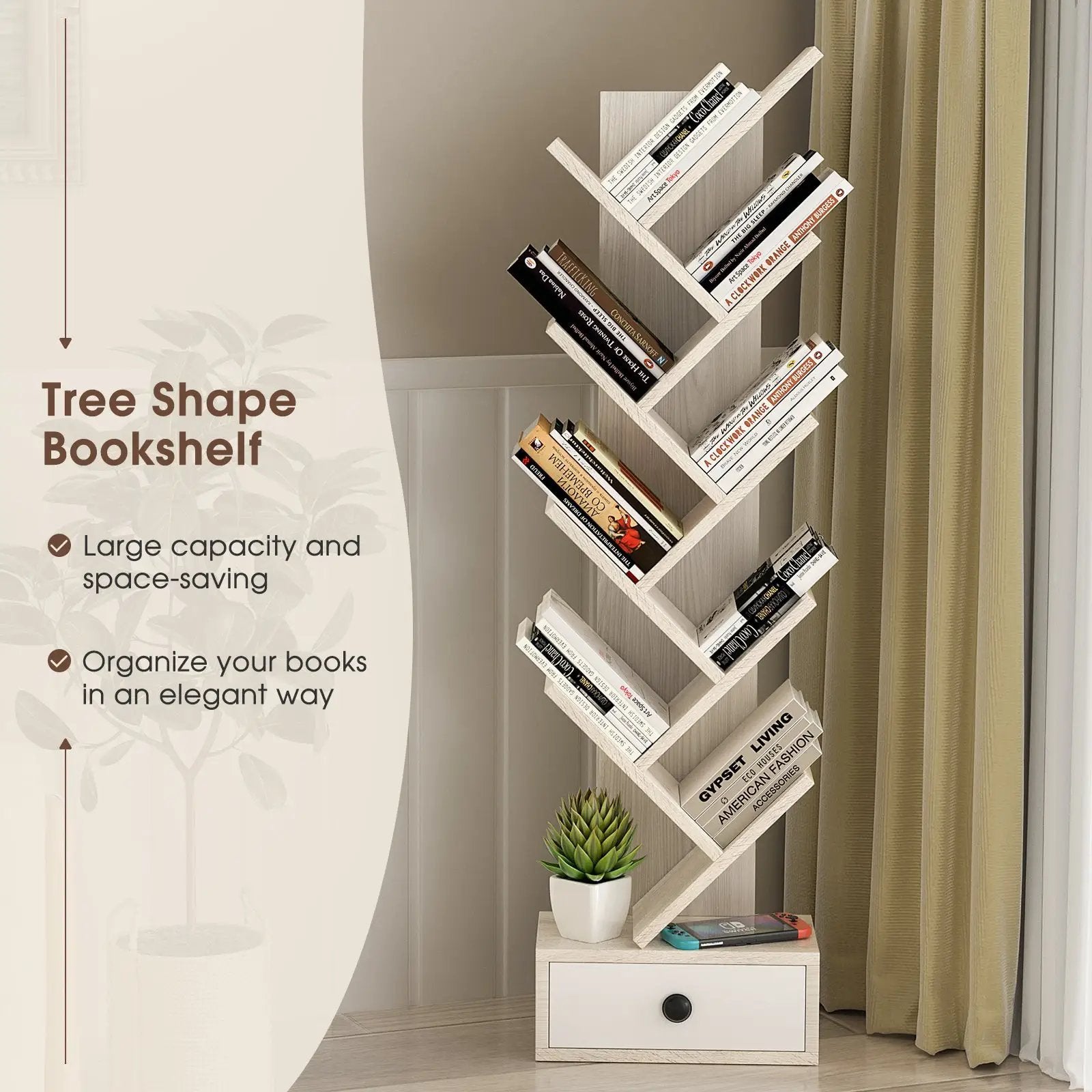 10-Tier Tree Bookshelf with Drawer and Anti-Tipping Kit by DirectDeals