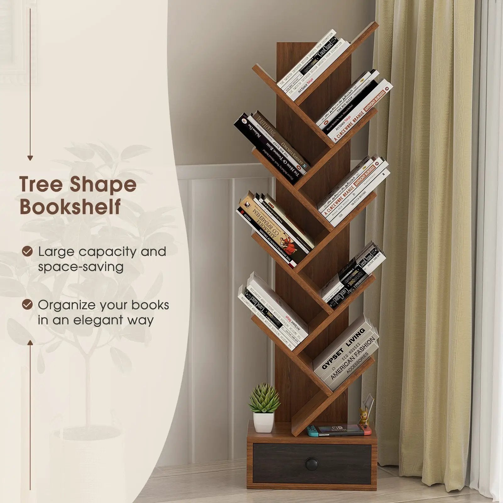10-Tier Tree Bookshelf with Drawer and Anti-Tipping Kit by DirectDeals