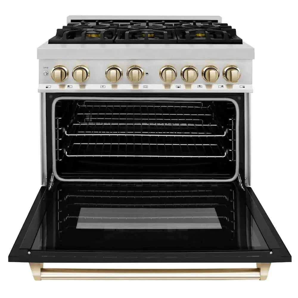 ZLINE 36" Autograph Dual Fuel Range, Black, Gold, RAZ-BLM-36-G by Farmhouse Kitchen and Bath
