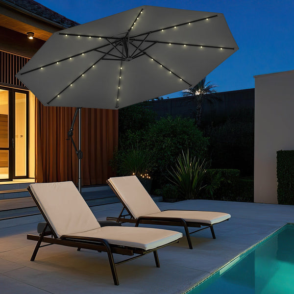 10 Feet Solar Offset Hanging Umbrella with Base and 32 LED Lights-Gray, photo 2 of 8