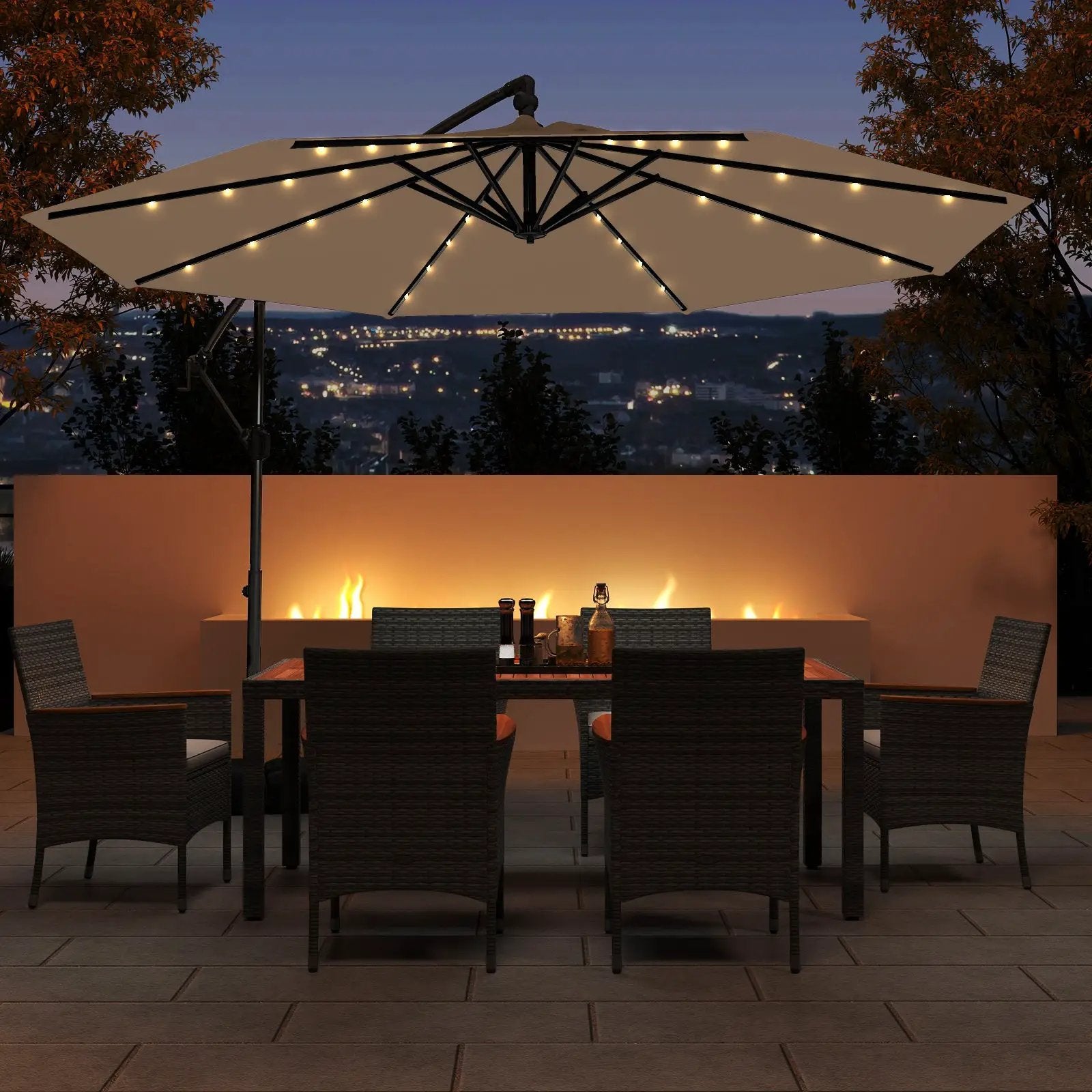 10 Feet Solar Offset Hanging Umbrella with Base and 32 LED Lights-Taupe by DirectDeals