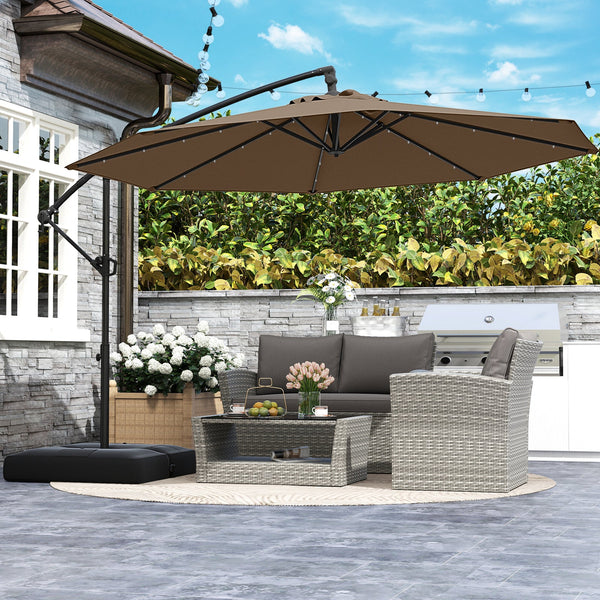 10 Feet Solar Offset Hanging Umbrella with Base and 32 LED Lights-Taupe, photo 2 of 8