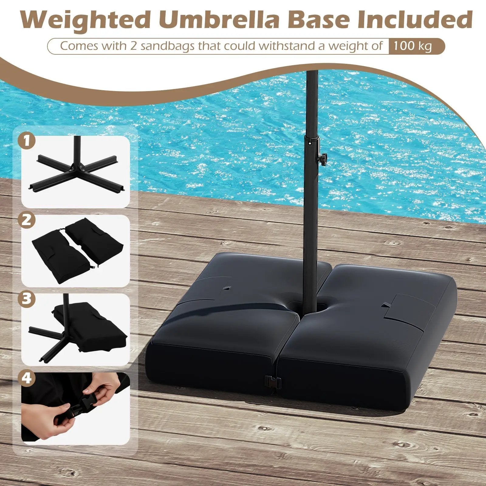 10 Feet Solar Offset Hanging Umbrella with Base and 32 LED Lights-Taupe by DirectDeals