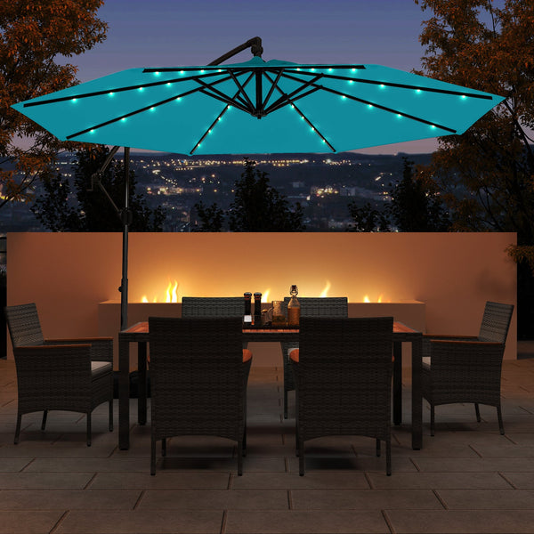 10 Feet Solar Offset Hanging Umbrella with Base and 32 LED Lights-Turquoise