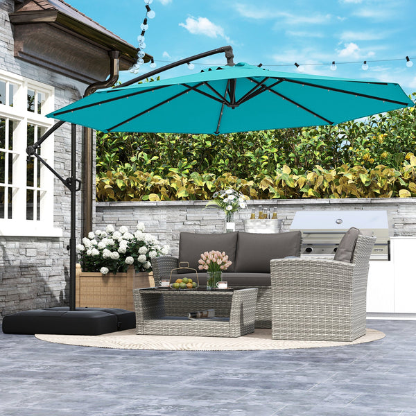 10 Feet Solar Offset Hanging Umbrella with Base and 32 LED Lights-Turquoise, photo 2 of 8