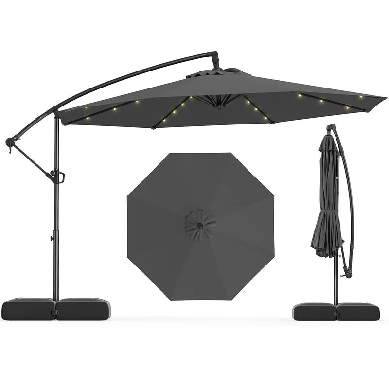 10 Feet Solar Offset Hanging Umbrella with Base and 32 LED Lights-Gray by DirectDeals