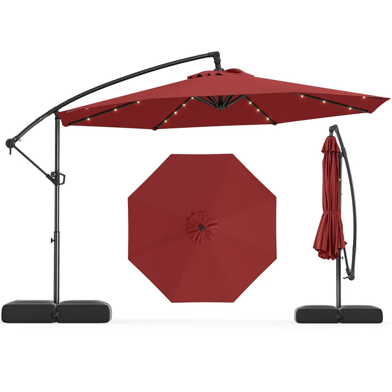 10 Feet Solar Offset Hanging Umbrella with Base and 32 LED Lights-Wine by DirectDeals