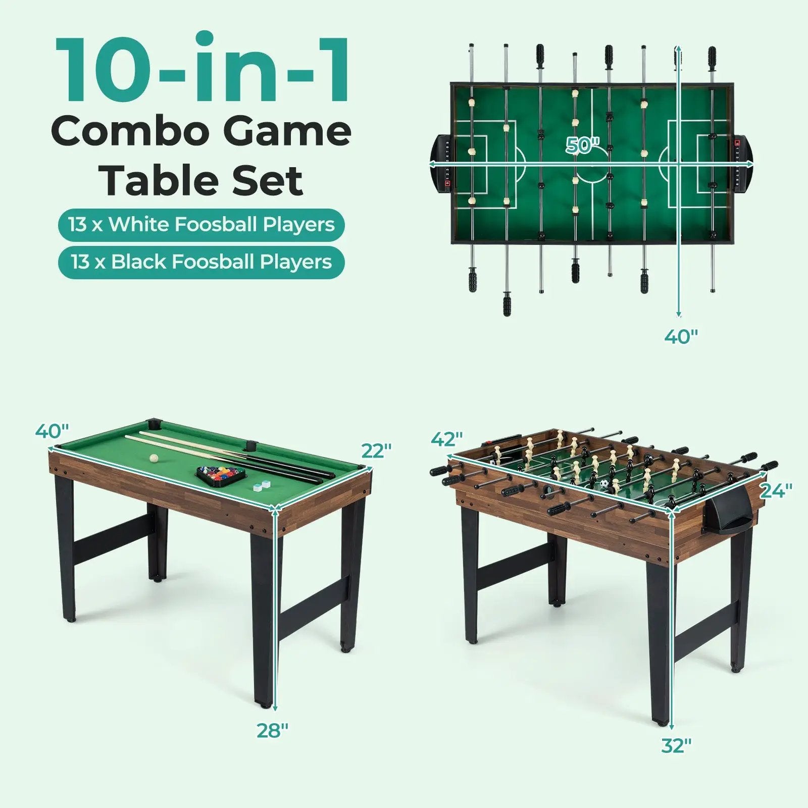 10-in-1 Combo Game Table Set 50inch Multi-Game Table with Foosball-Brown by DirectDeals