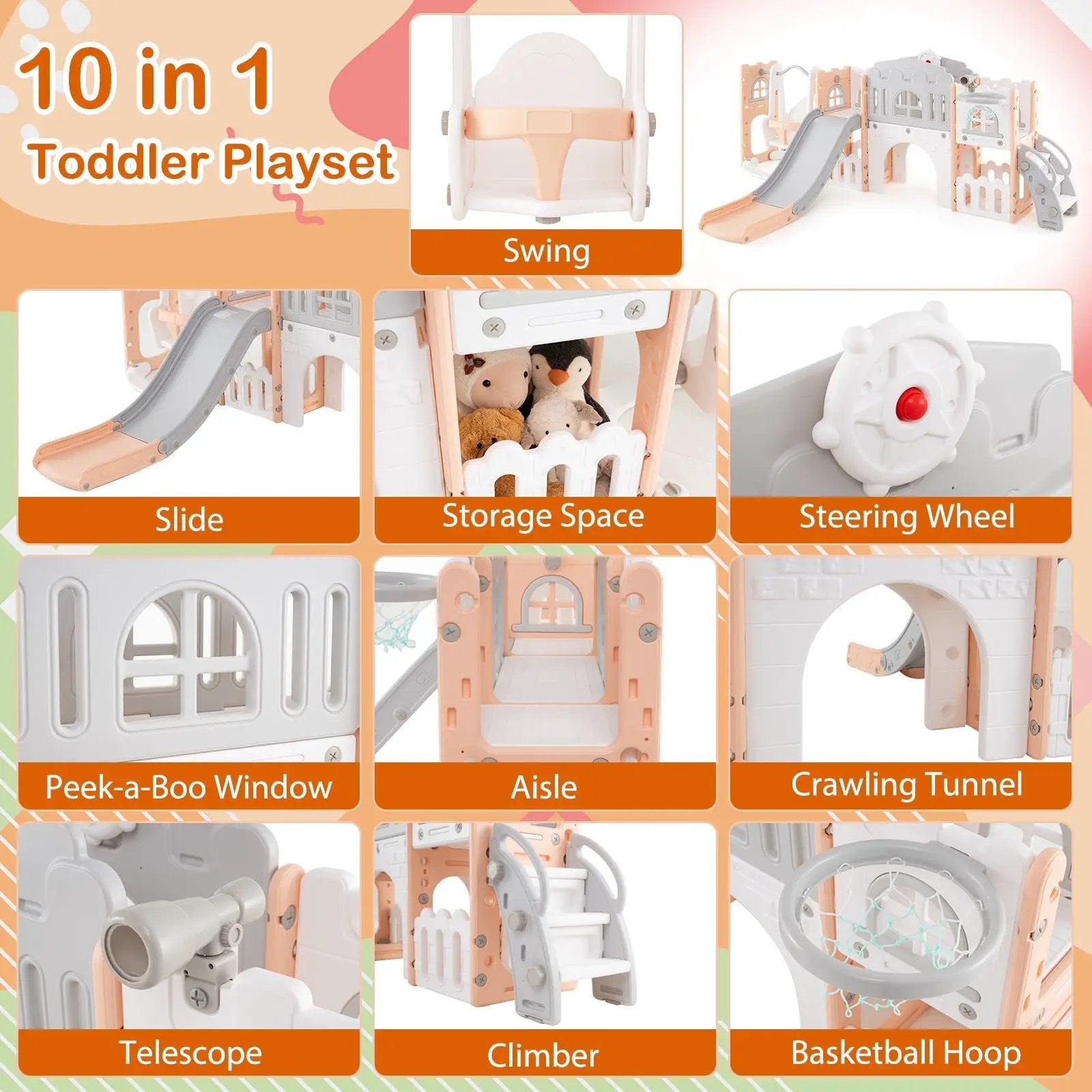 10-in-1 Toddler Swing and Slide Set Climber Playset with Basketball Hoop by DirectDeals