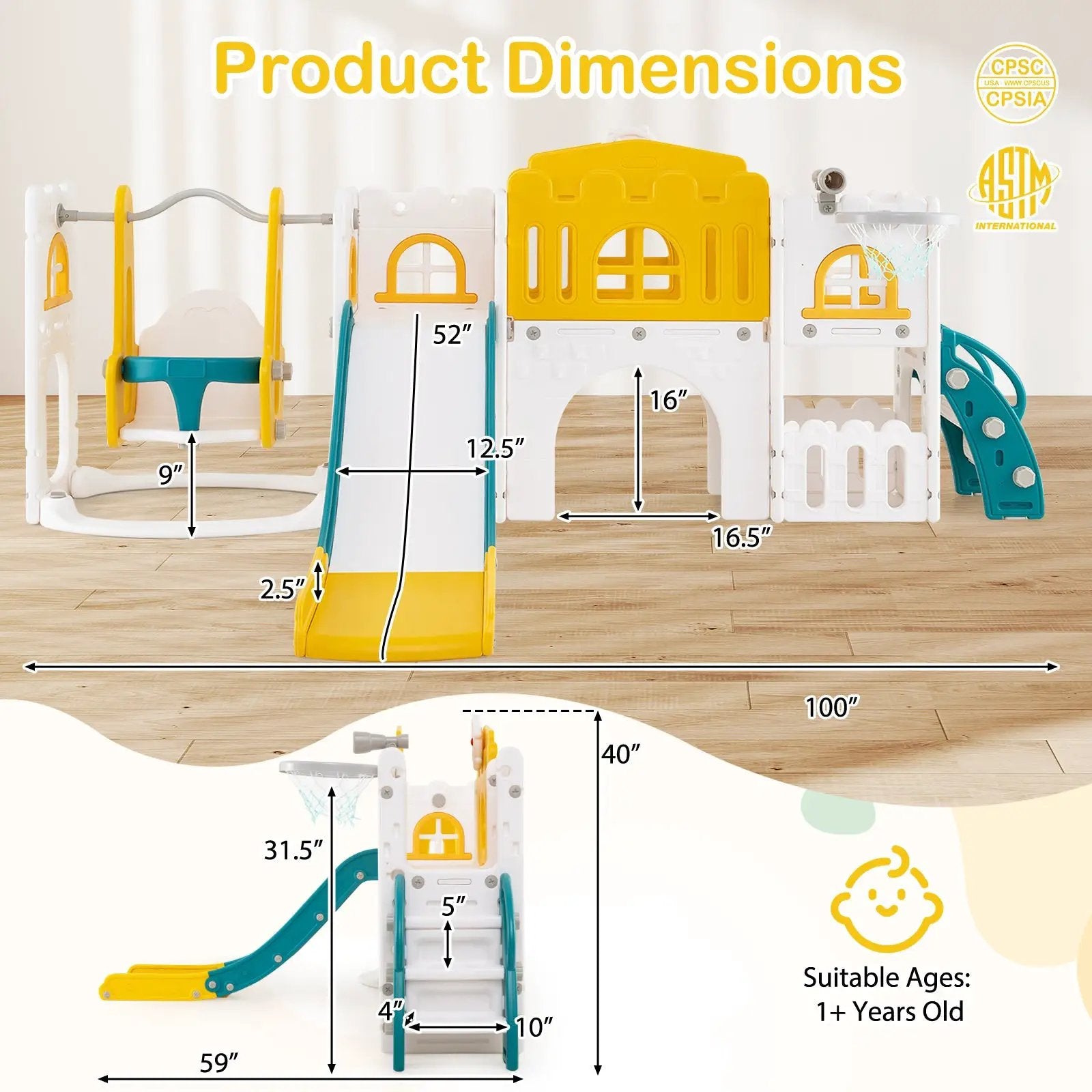 10-in-1 Toddler Swing and Slide Set Climber Playset with Basketball Hoop by DirectDeals
