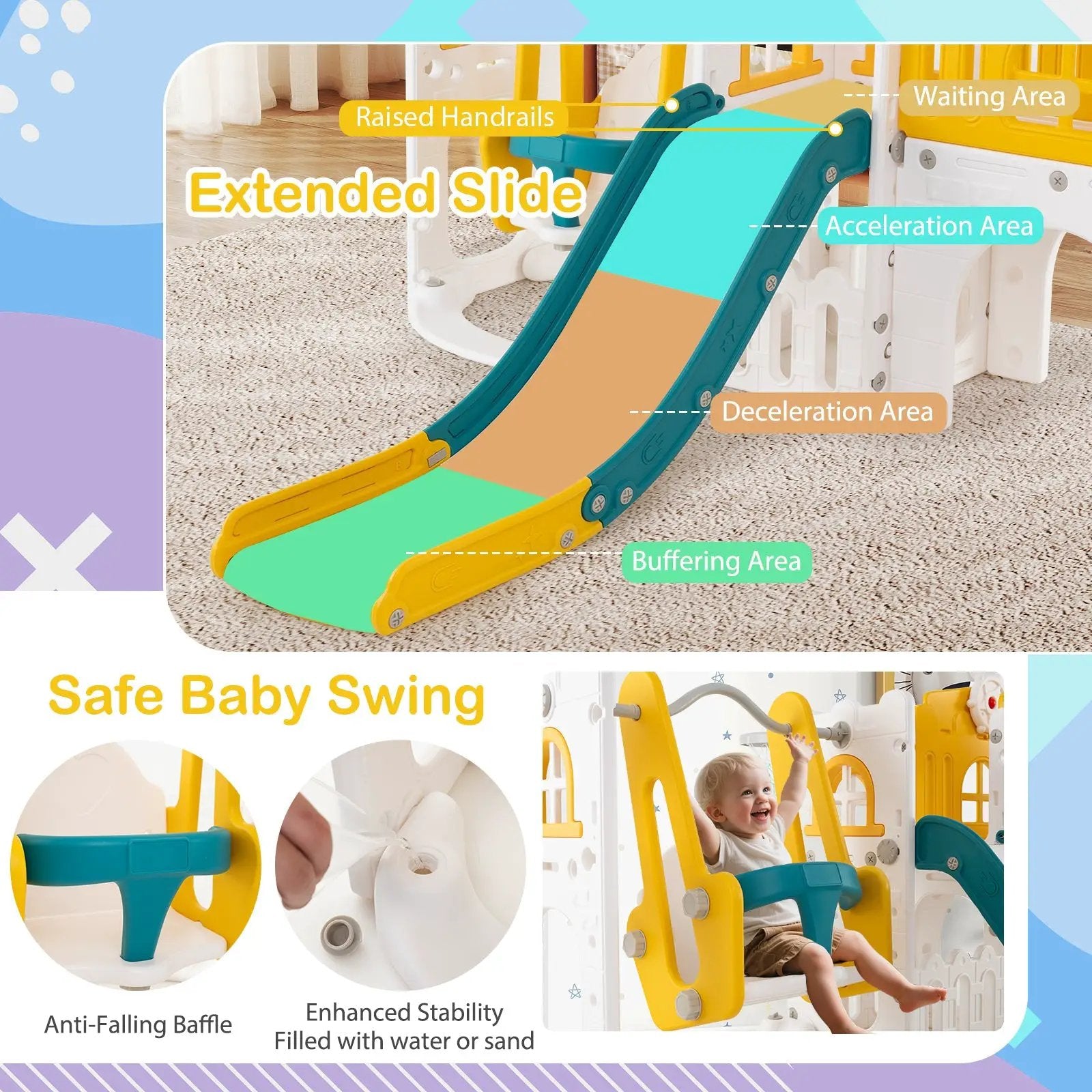 10-in-1 Toddler Swing and Slide Set Climber Playset with Basketball Hoop by DirectDeals