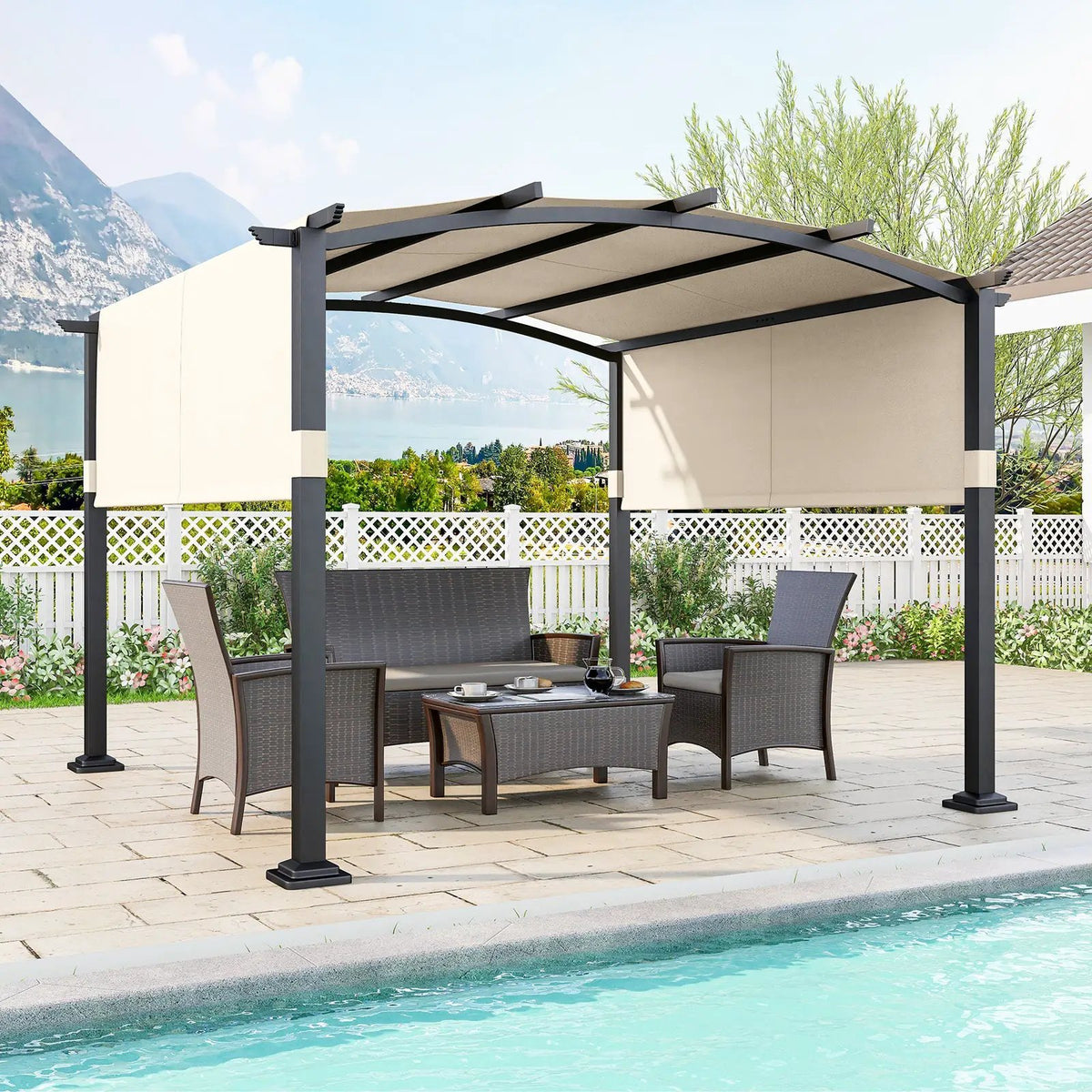 10 x 10 ft Outdoor Pergola Modern Arched Patio Garden Shelter with Retractable Sunshade Canopy by DirectDeals