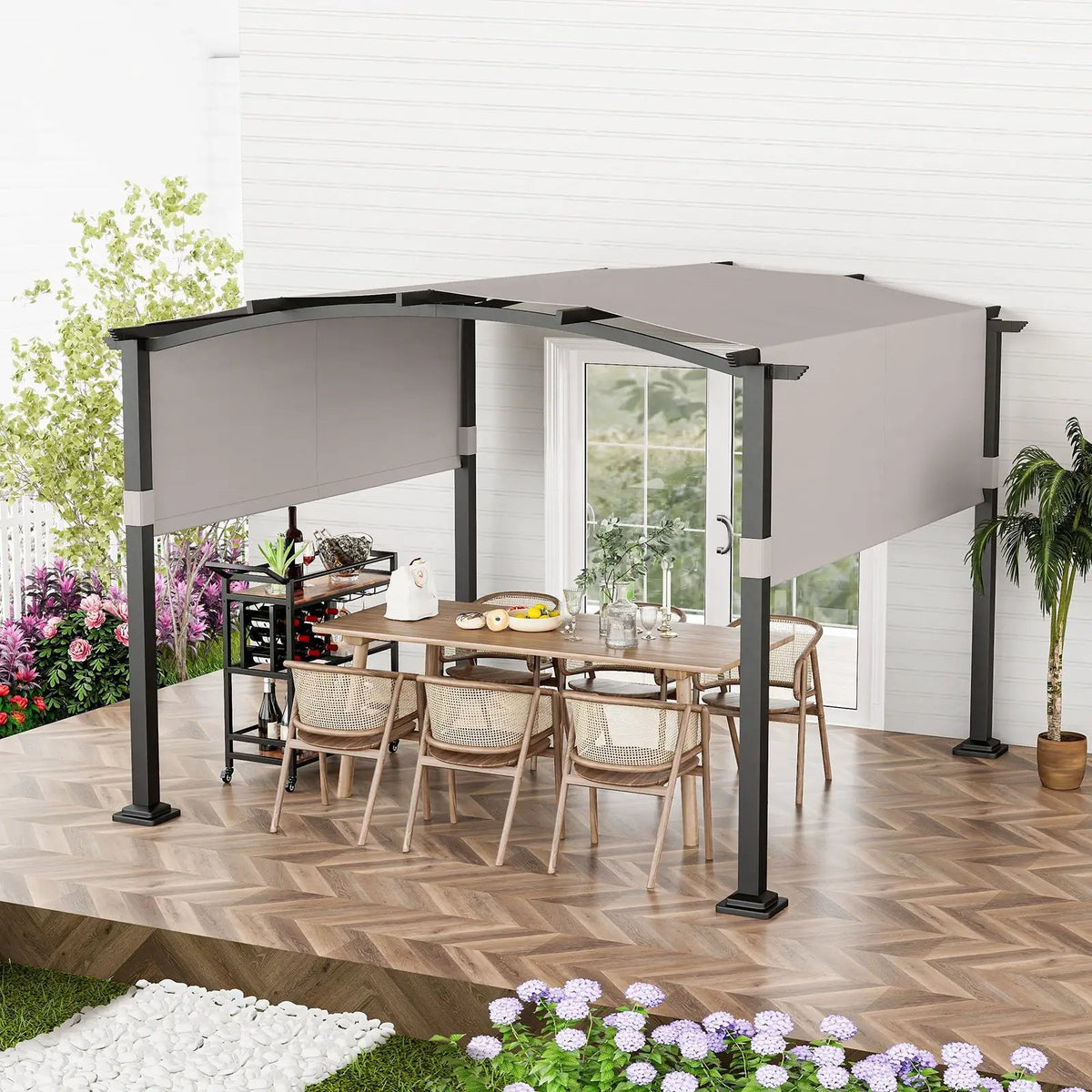 10 x 10 ft Outdoor Pergola Modern Arched Patio Garden Shelter with Retractable Sunshade Canopy by DirectDeals