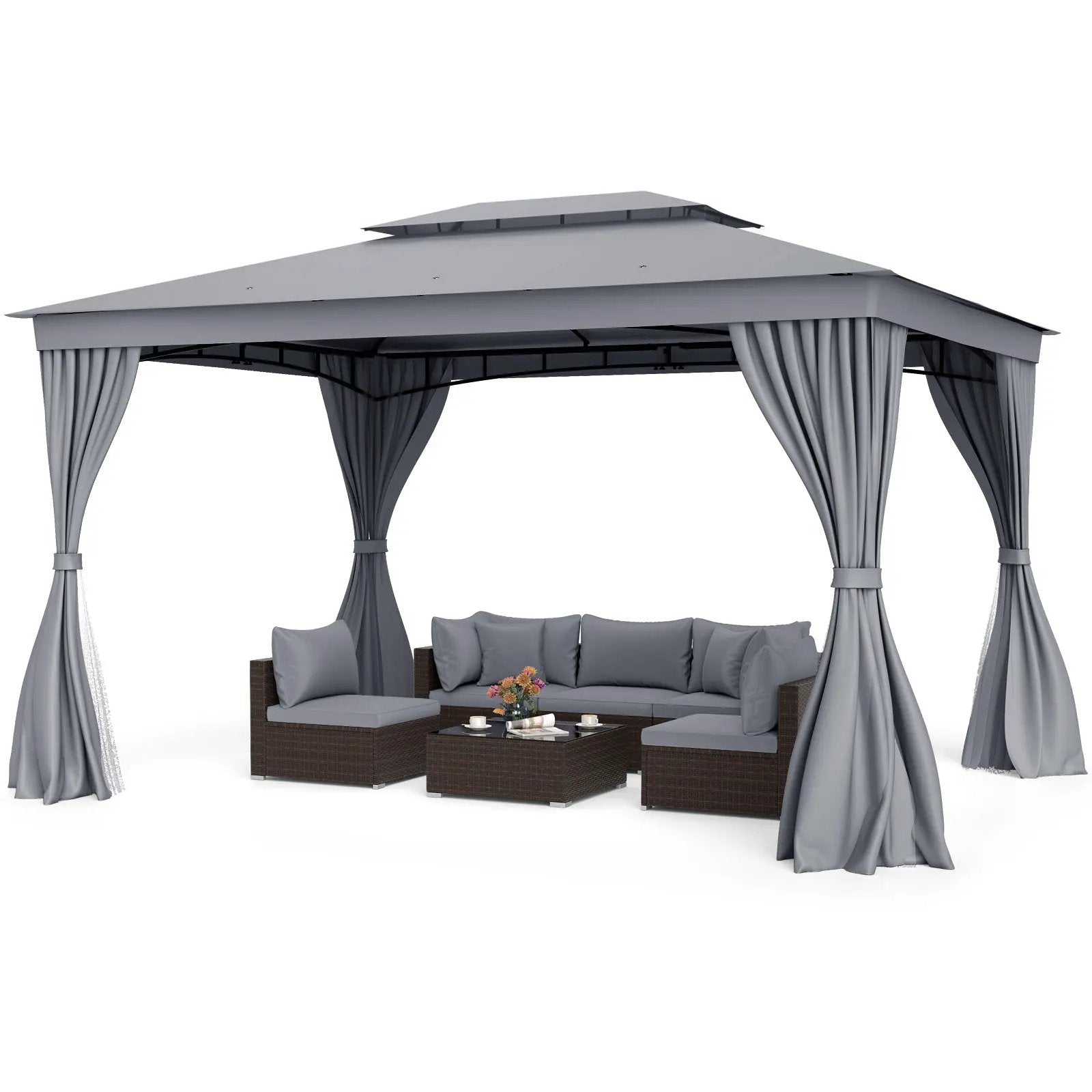 10 x 13 Feet Patio Gazebo Double-Roof with Mesh Netting and Privacy Curtains by DirectDeals