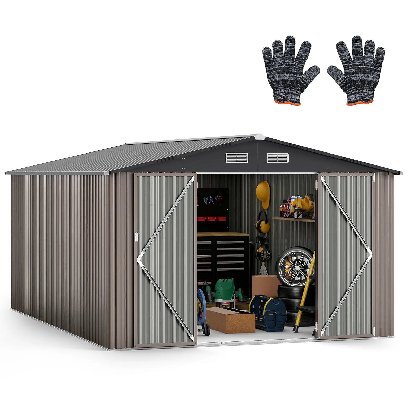 10 x 14 FT Outdoor Storage Shed with Improved Windproof Metal Structure-Gray by DirectDeals