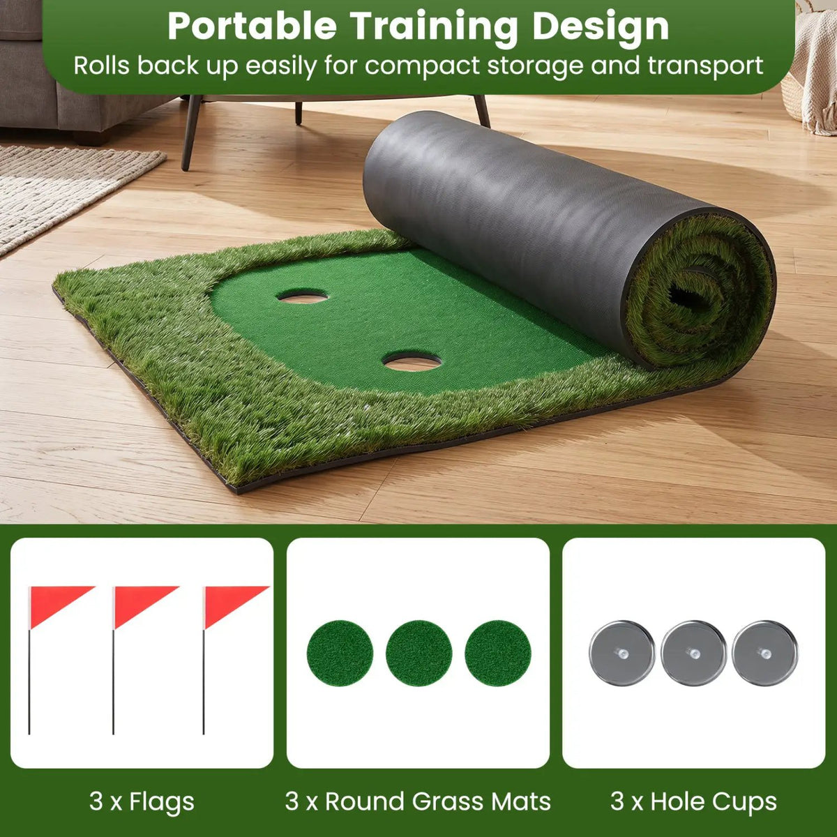 Golf Putting Green Mat 10x3.5ft with 3 Holes and Flags by DirectDeals