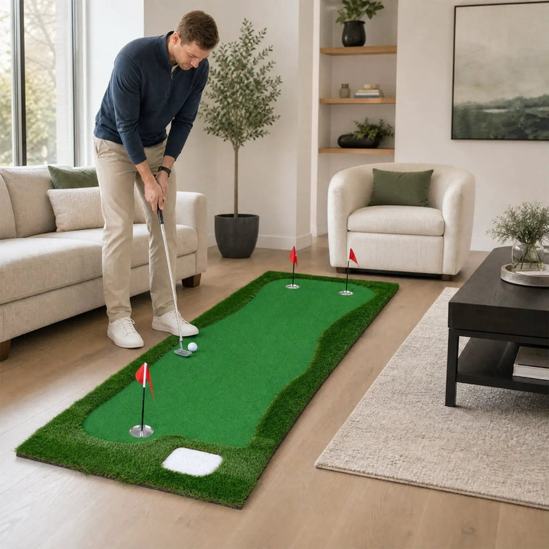 Golf Putting Green Mat 10x3.5ft with 3 Holes and Flags by DirectDeals
