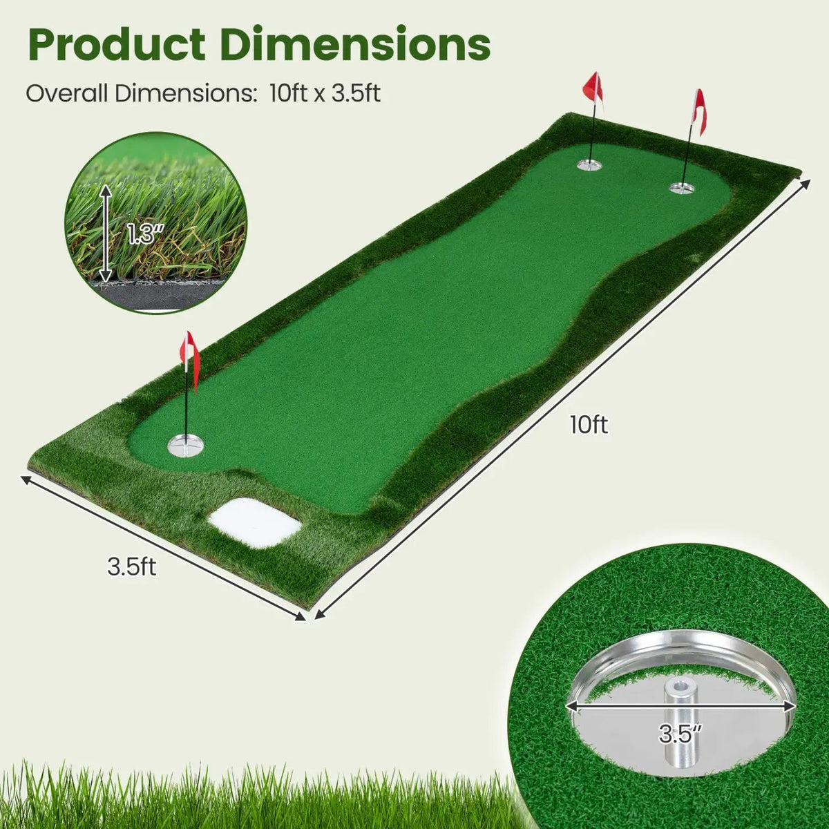 Golf Putting Green Mat 10x3.5ft with 3 Holes and Flags by DirectDeals