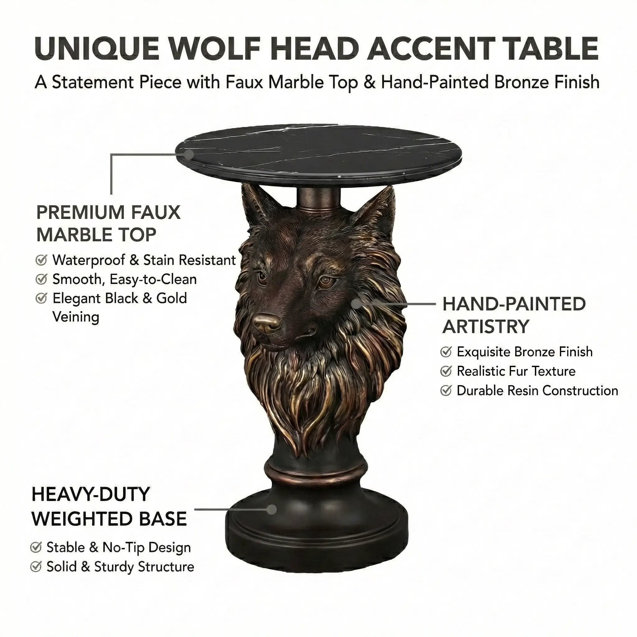 Wolf Head Accent Table Animal Statue End Tables Livingroom by HouseOfZazla