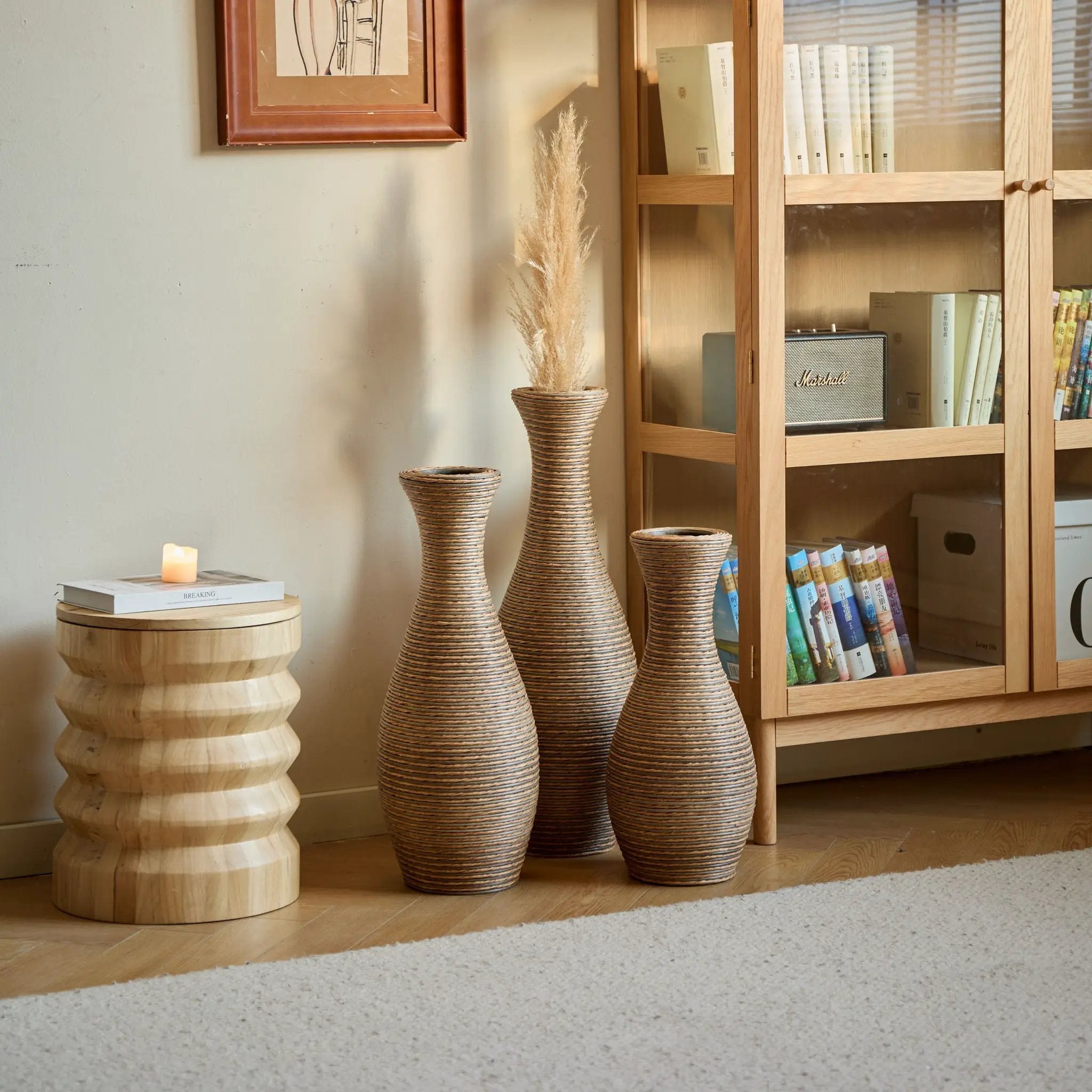 3 Piece Artificial Rattan Floor Vase Set Decorative Accent For Living Room, Hallway & Entryway, Ideal For Dried Or Silk Flower Arrangements - Beige by HouseOfZazla