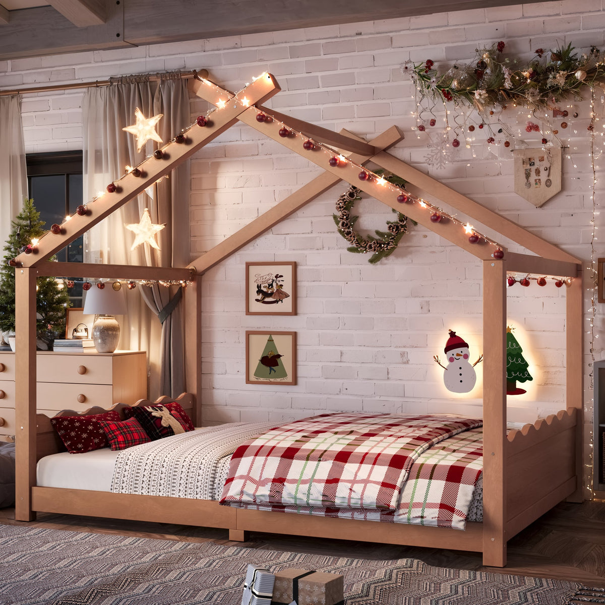 Full House Floor Bed with Support Slats - Deep Natural