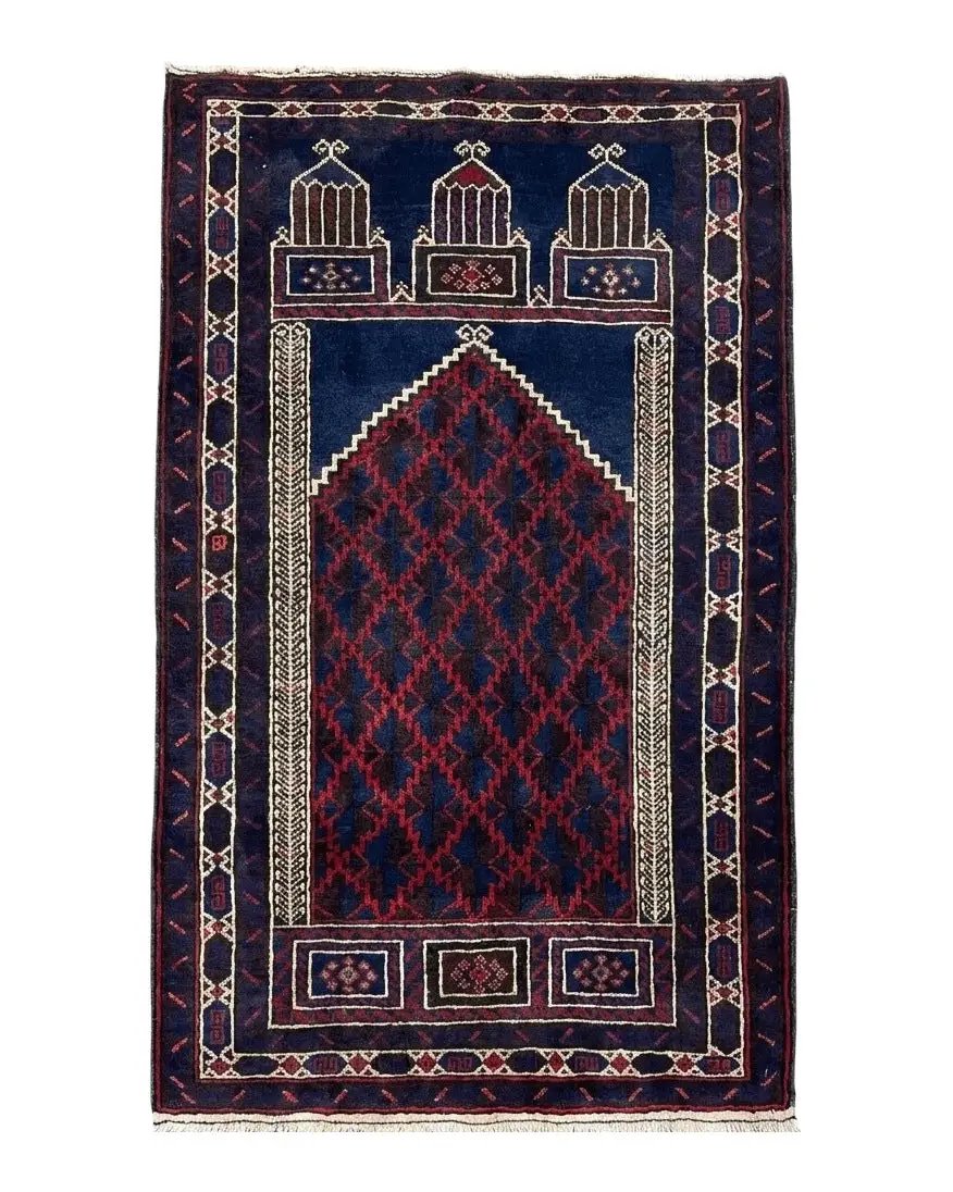 3x5 Vintage Handmade Tribal Wool Rug Balouchi Prayer Rug Afghan Rug Red Blue Wow by Jewel Rugs
