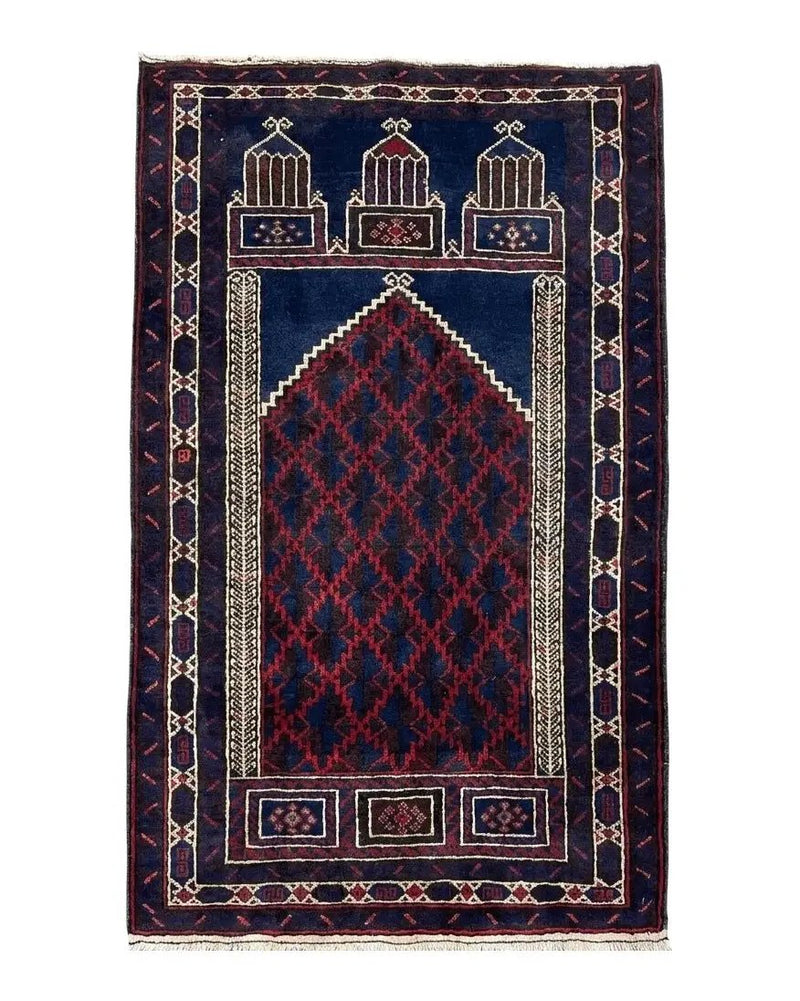 3x5 Vintage Handmade Tribal Wool Rug Balouchi Prayer Rug Afghan Rug Red Blue Wow by Jewel Rugs