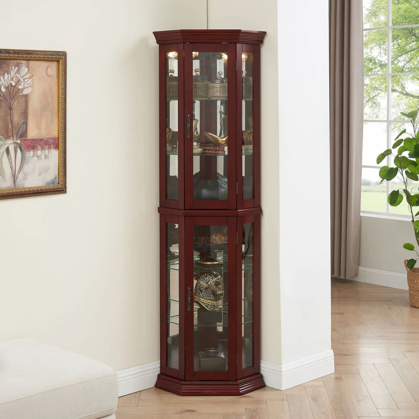 Corner Curio Cabinet With Lights, Adjustable Tempered Glass Shelves, Mirrored Back, Display Cabinet (E26 Light Bulb Not Included) by Unique Piece Furniture