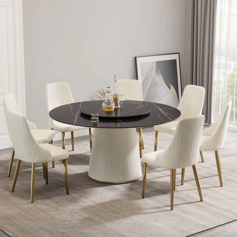 Modern Artificial Stone Round Plywood Base Dining Table, Can Accommodate 8 People Artificial Stone Turntable (Not Including Chairs) - Black / Beige by HouseOfZazla