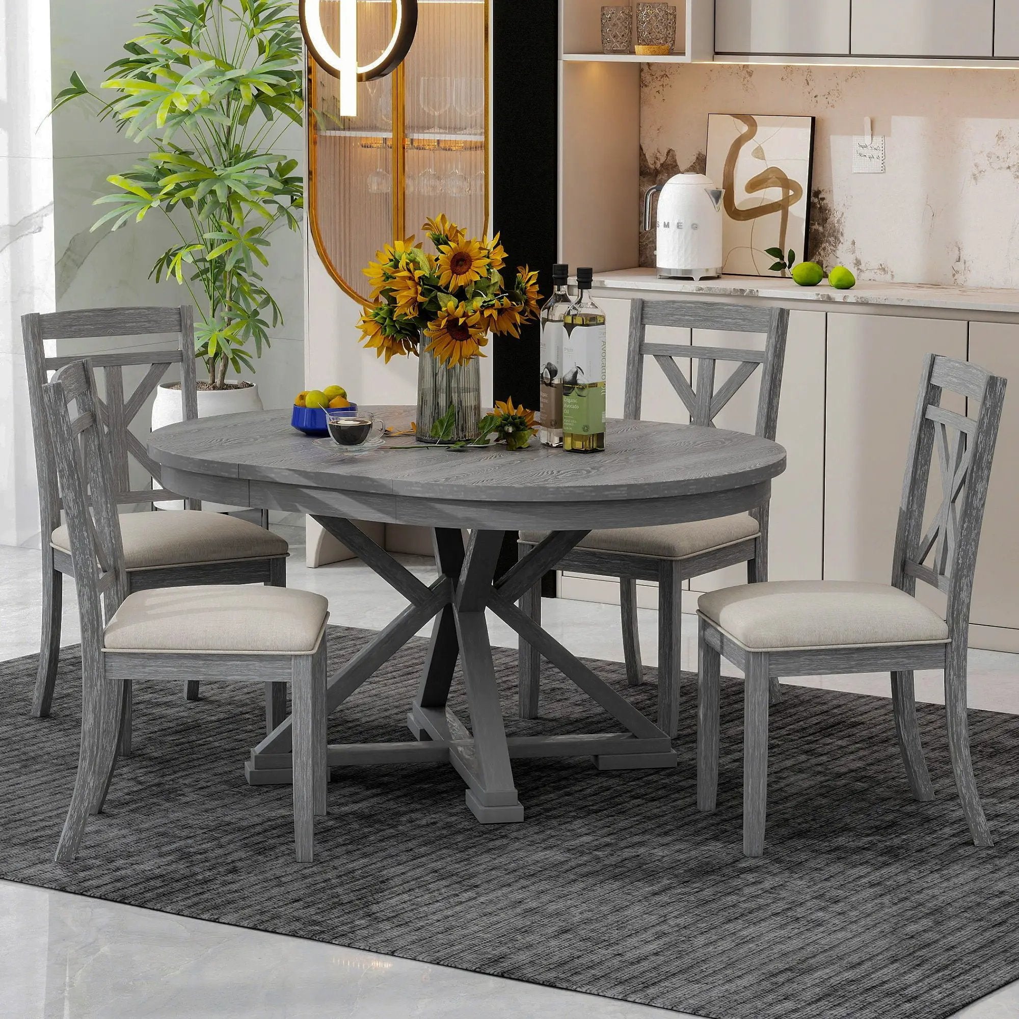 Dining Set With Extendable Round Table And 4 Upholstered Chairs by HouseOfZazla