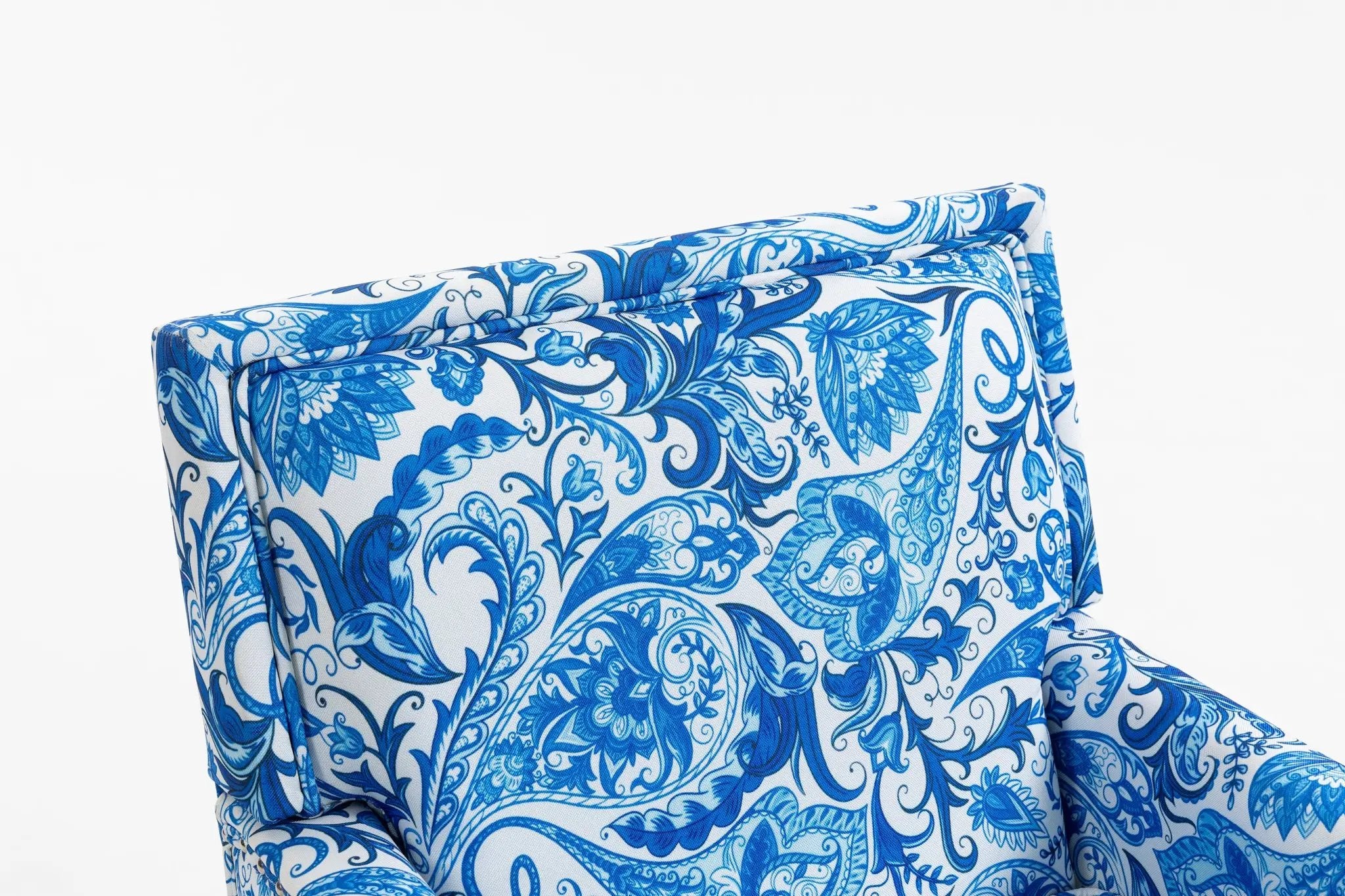 Upholstered Accent Chair with Blue and White Porcelain Print Linen Fabric by HouseOfZazla